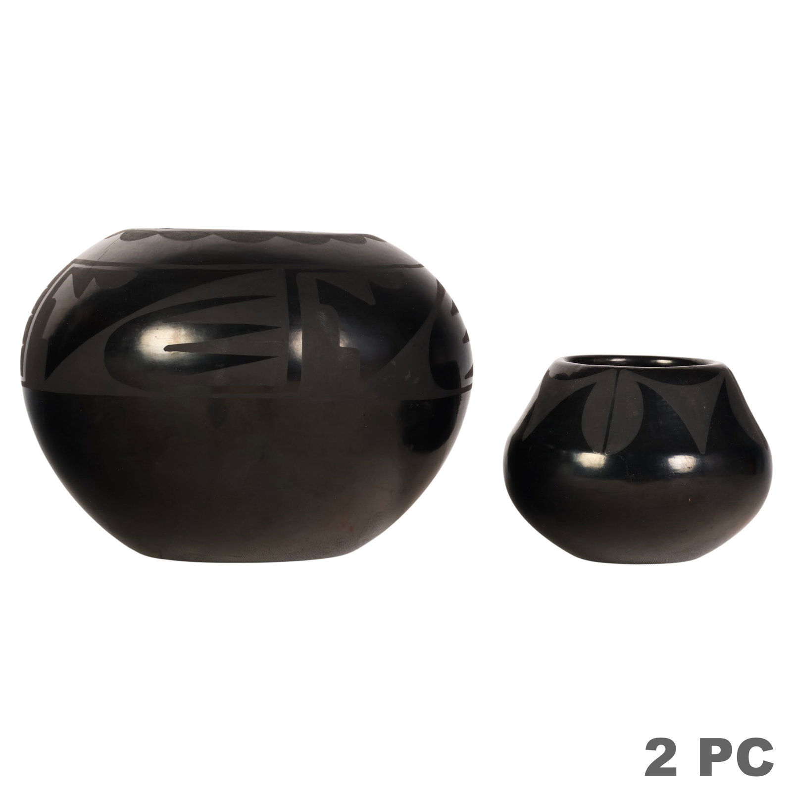 Maria & Santana Santa Clara Blackware Vessels LOT: Maria Poveka Martinez (Santa Clara Pueblo, Native American, 1887-1980) blackware pottery vessels, two pieces, each hand made and highly polished with matte-carved decoration in the traditional Santa C