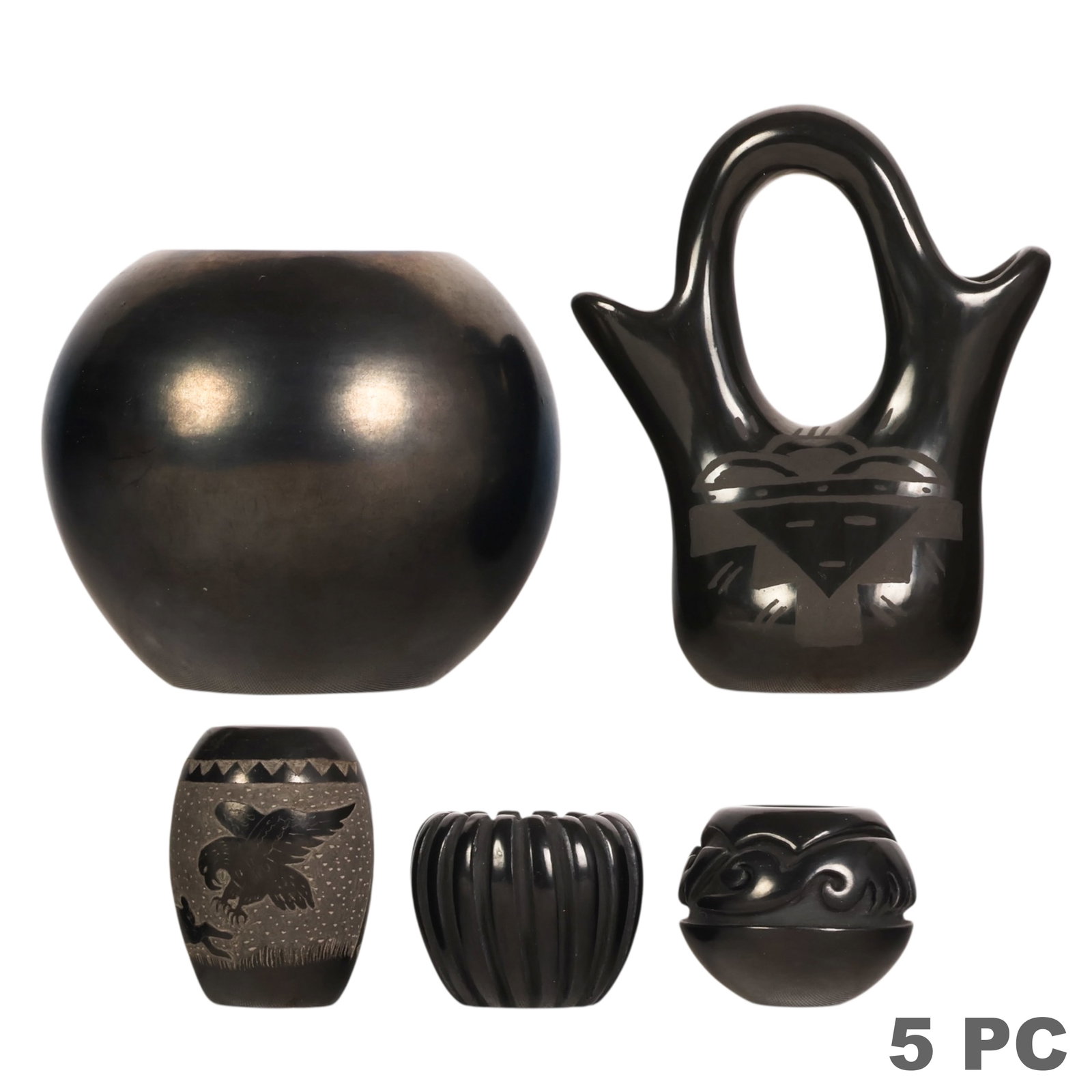 Santa Clara Blackware Art Pottery SIGNED 5pc LOT: Santa Clara and San Ildefonso Pueblo collection of five vintage Southwestern Native American pottery vessels comprising blackware examples. Includes a signed Red Starr miniature vase decorated with ca