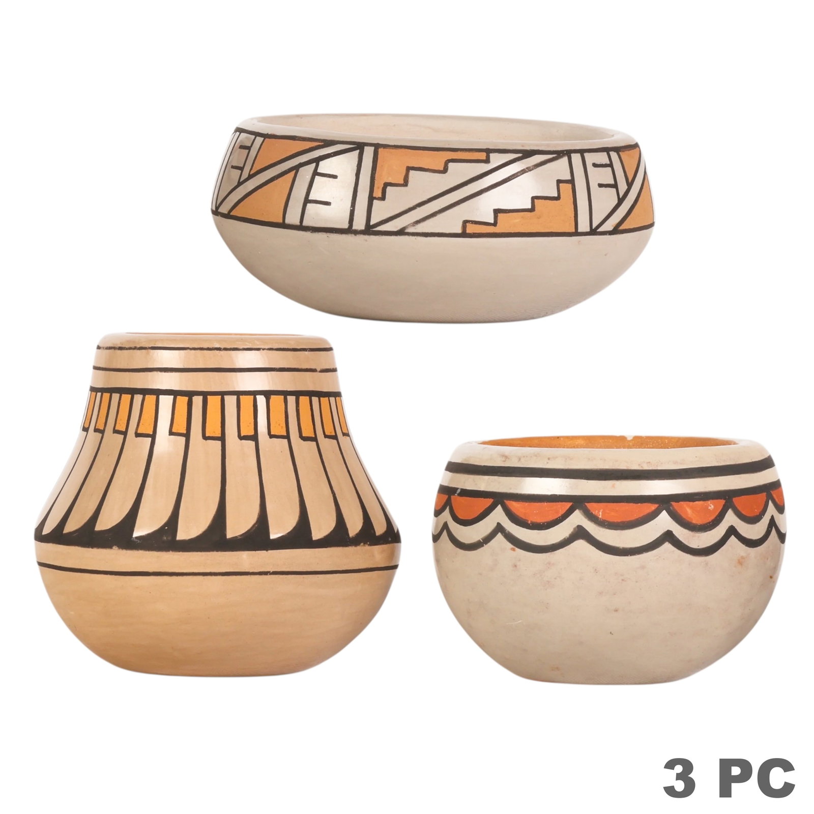 Crucita Calabaza 1921-1999 San Ildefonso 3pc LOT: Crucita Calabaza (Native American, San Ildefonso Pueblo, 1921-1999), lot of three hand coiled and painted pottery vessels comprising a jar with feather form decoration, a bowl with a scalloped band mo