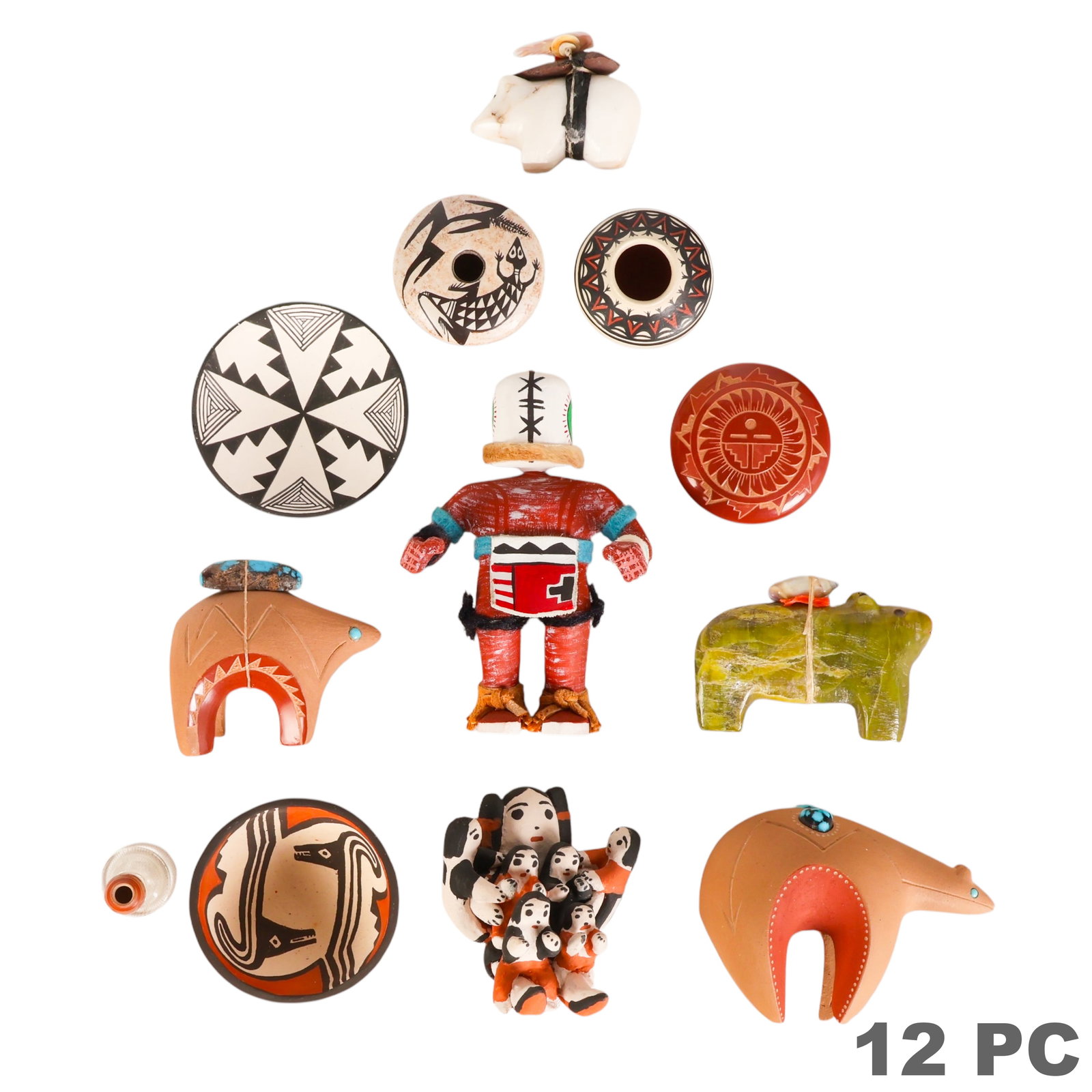 Southwestern Vessel and Figure Miniatures 12pc LOT: Southwestern and Native American estate collection of twelve miniature artworks comprising hand painted pottery vessels, a miniature terracotta olla, two turquoise set ceramic bear figures with incise