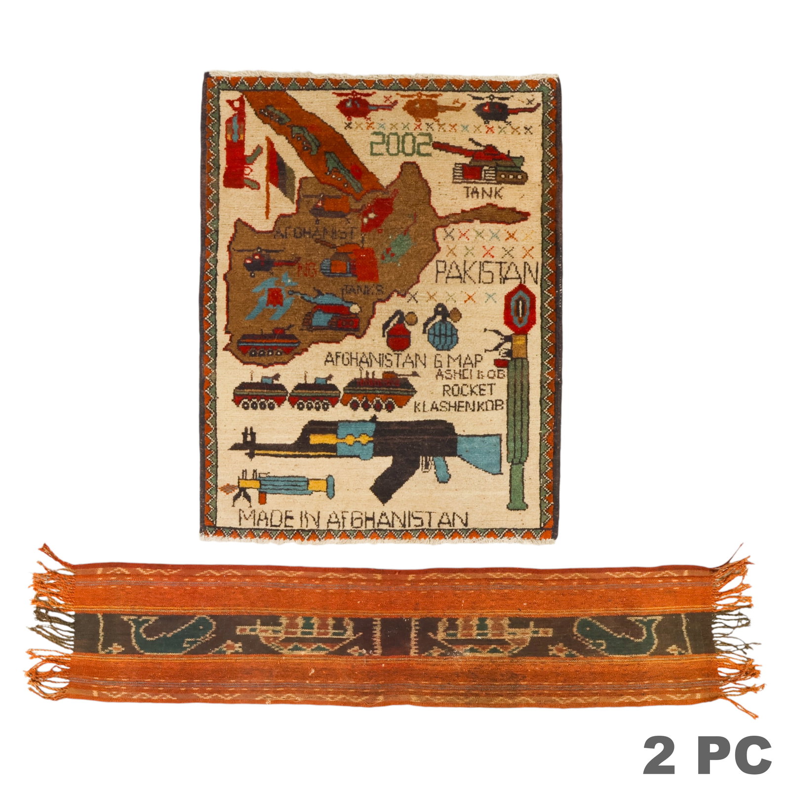 Afghan War Rug and Tribal Woven Animal Textile LOT: Two-piece textile lot including a hand-knotted Afghan war rug and a tribal-style woven textile. The war rug features a central map of Afghanistan and Pakistan surrounded by depictions of tanks, helico