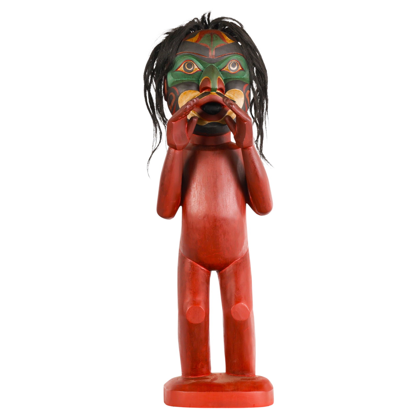Don Lelooska 1933-1996 Northwest Sculpture SIGNED: Don Lelooska (American, 1933-1996), Native American Pacific Northwest Coast carved wood figure depicting a standing human form with a polychrome painted transformation style mask, expressive facial fe