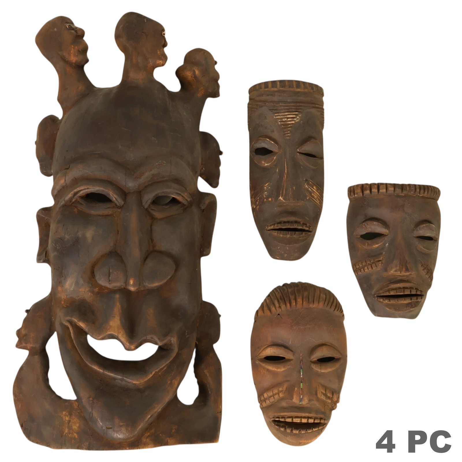 African Tribal Style Carved Wooden Mask 4pc LOT (1 of 6)