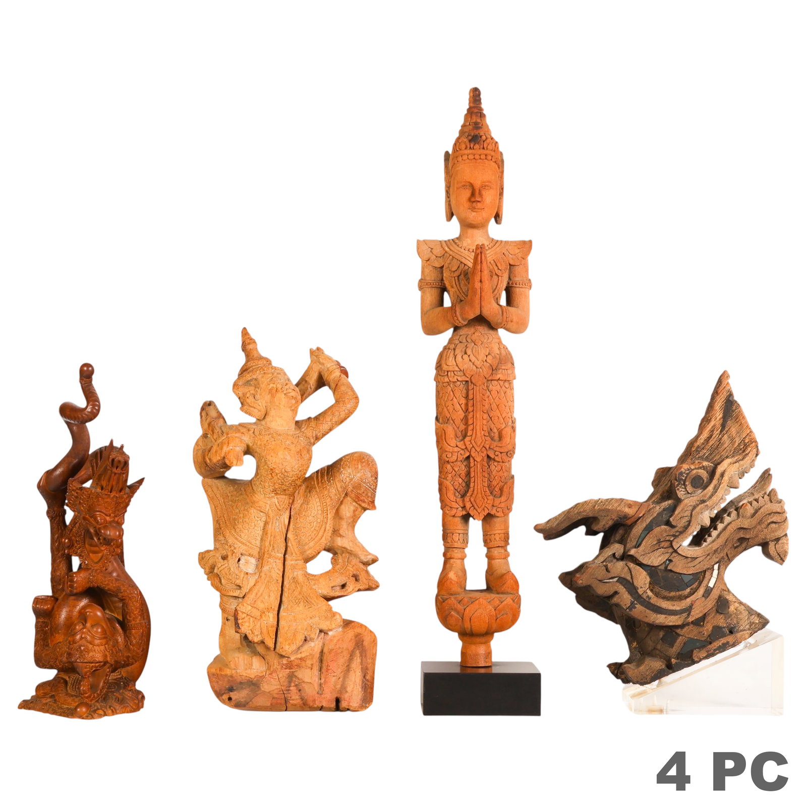 Asian Thai & Burmese Carved Wood Sculpture 4pc LOT: Southeast Asian Balinese, Burmese, and Thai style lot of four antique carved wood Hindu deity and mythological creature sculptures. Group includes a hand carved dancing celestial figure, likely Burmes