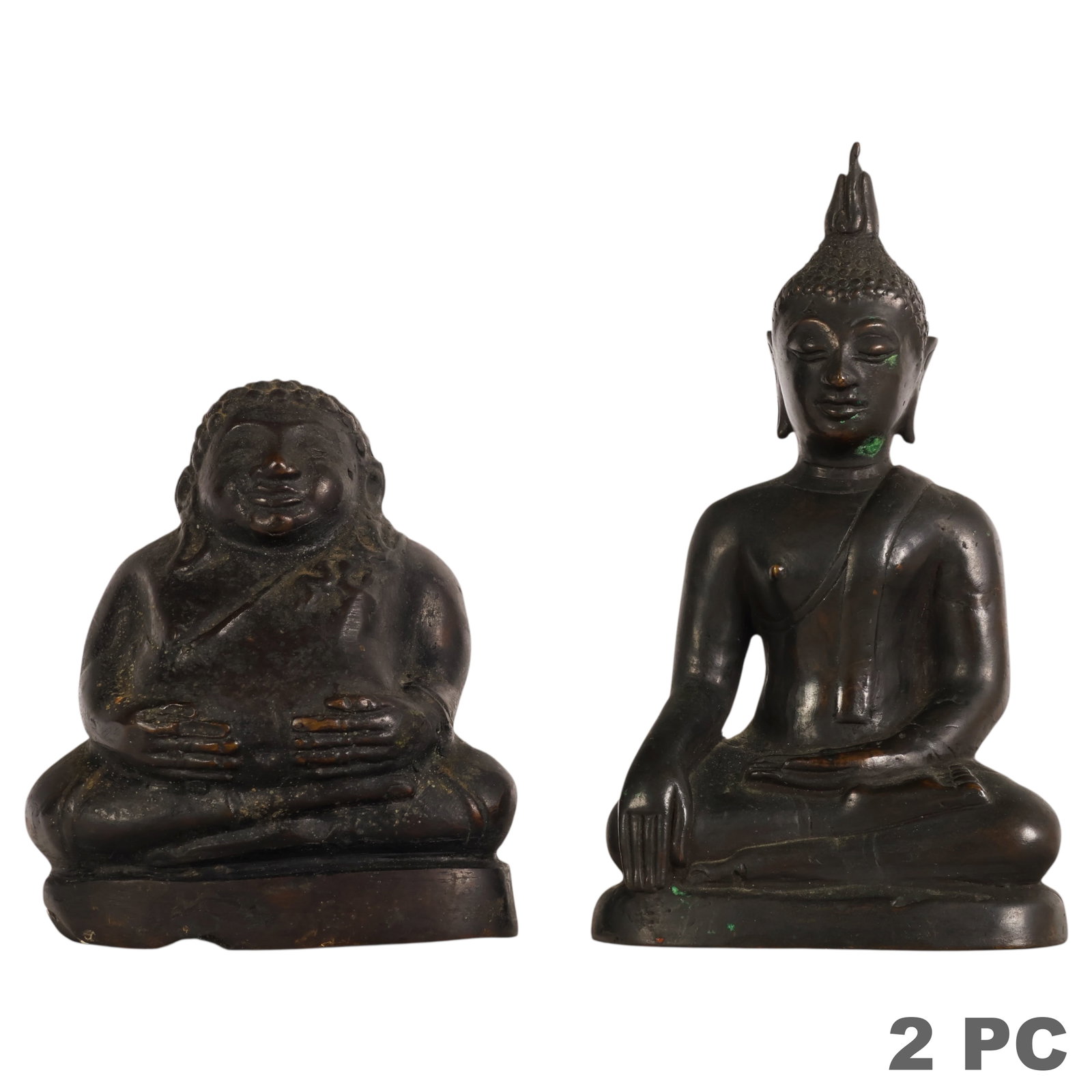 Southeast Asian Style Bronze Buddhist Figures LOT: Southeast Asian, Chinese, and Thai style lot of two bronze Buddhist figural sculptures including a seated Buddha depicted in meditation with elongated earlobes and a flame form finial, and a seated mo