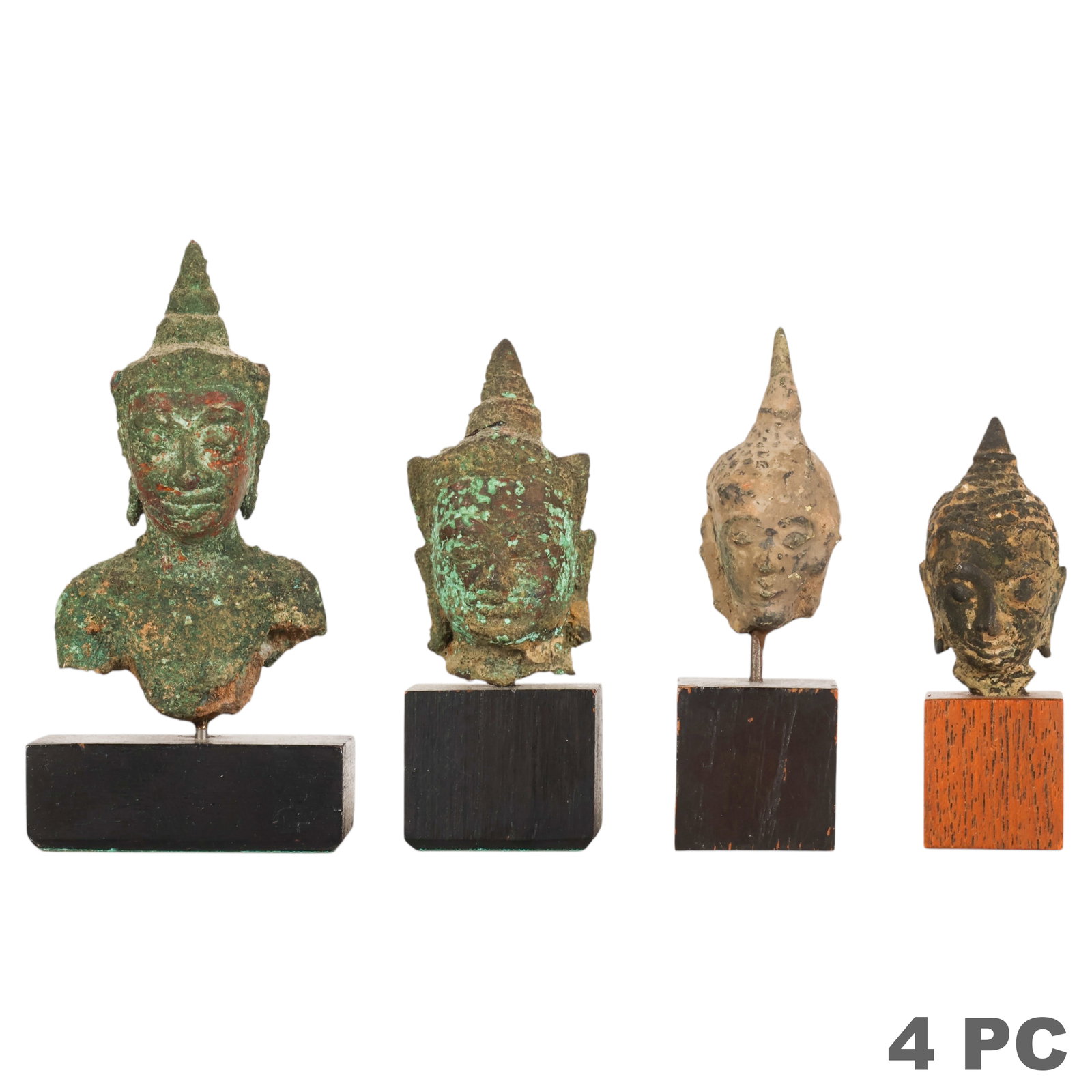 Antique Asian Miniature Bronze Buddha Heads 4p LOT: Southeast Asian Thai style lot of four bronze metal Buddha deity bust fragments, each mounted on a later wood display stand. The heads exhibit varying forms of ushnisha and facial modeling, with weath