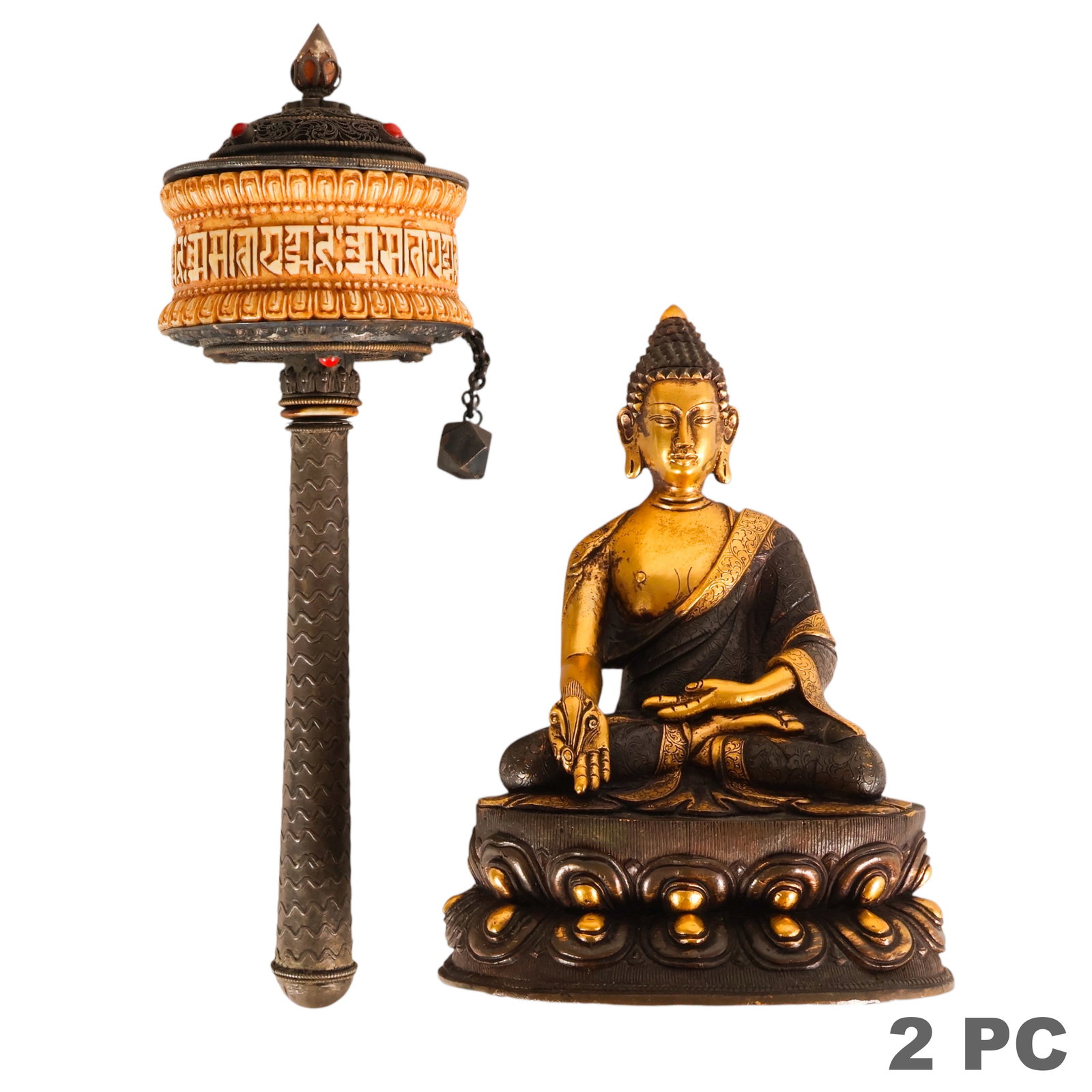 Nepalese Buddhist Prayer Wheel and Sculpture LOT: Nepalese Buddhist devotional lot comprising a cast gilt metal seated Buddha figure and a handheld prayer wheel (mani khorlo). The Buddha is depicted seated in bhumisparsha mudra (earth touching gestur