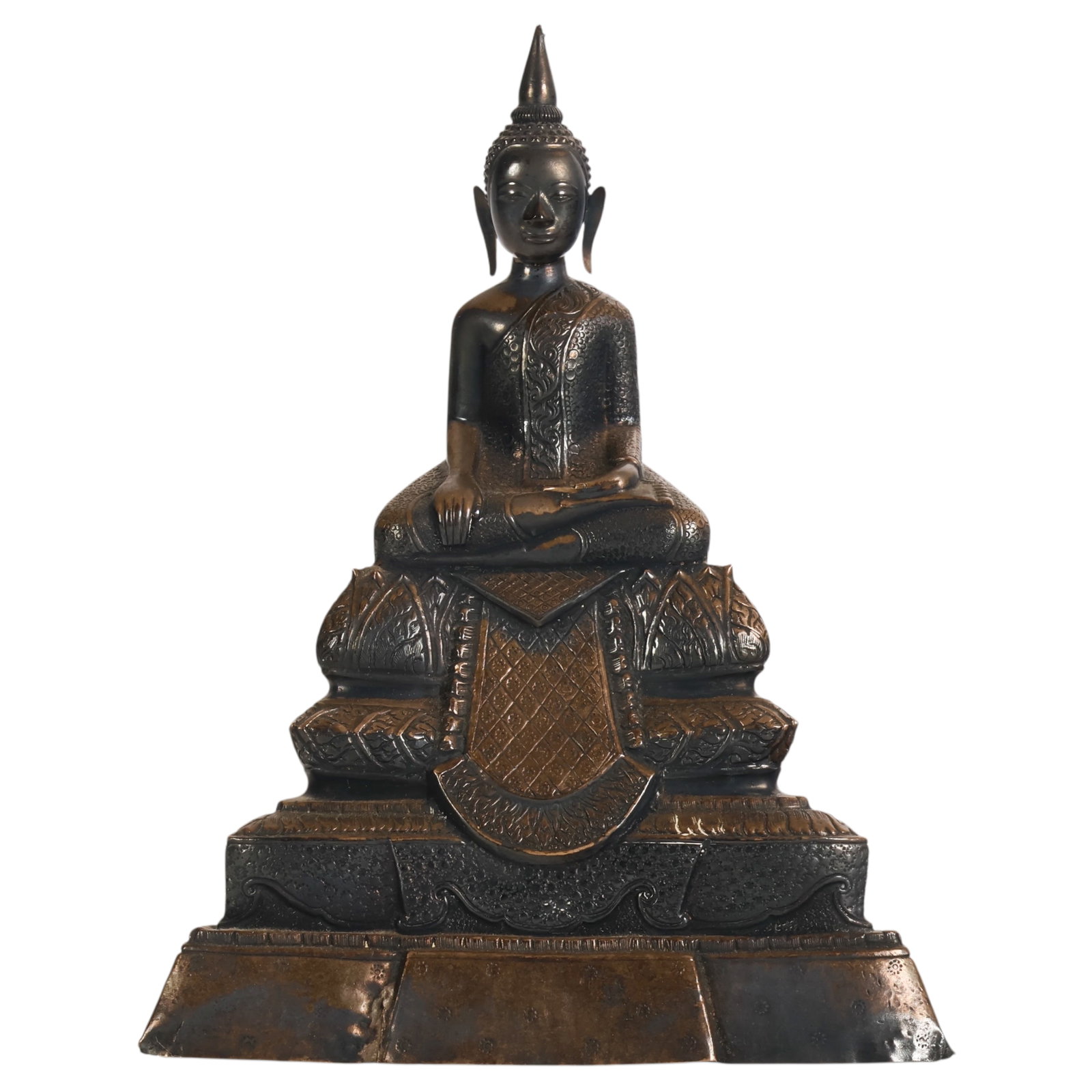 Silver Thai Style Buddha Mudra on Lotus Sculpture: Southeast Asian Thai style antique silver weighted Buddha figure depicting the Enlightened One seated in bhumisparsha mudra (earth touching gesture) atop a multi tiered lotus throne. The figure featur