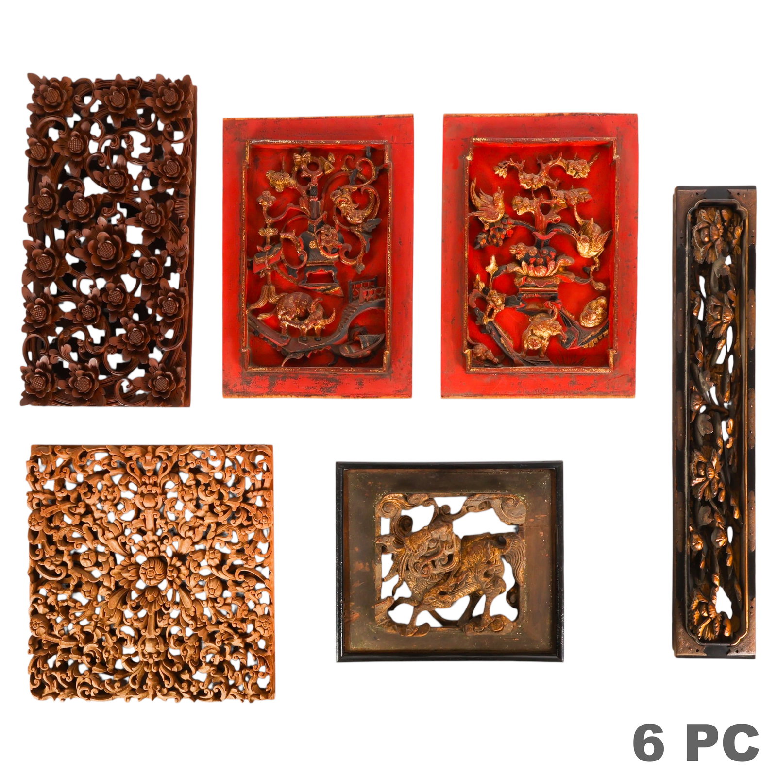 Asian Carved Wood Architectural Panels 6 PIECE LOT: Asian carved wood architectural and decorative panel lot of six including Chinese style openwork carvings, gilt wood relief panels, and lacquered decorative wall plaques. The lot features a pair of re