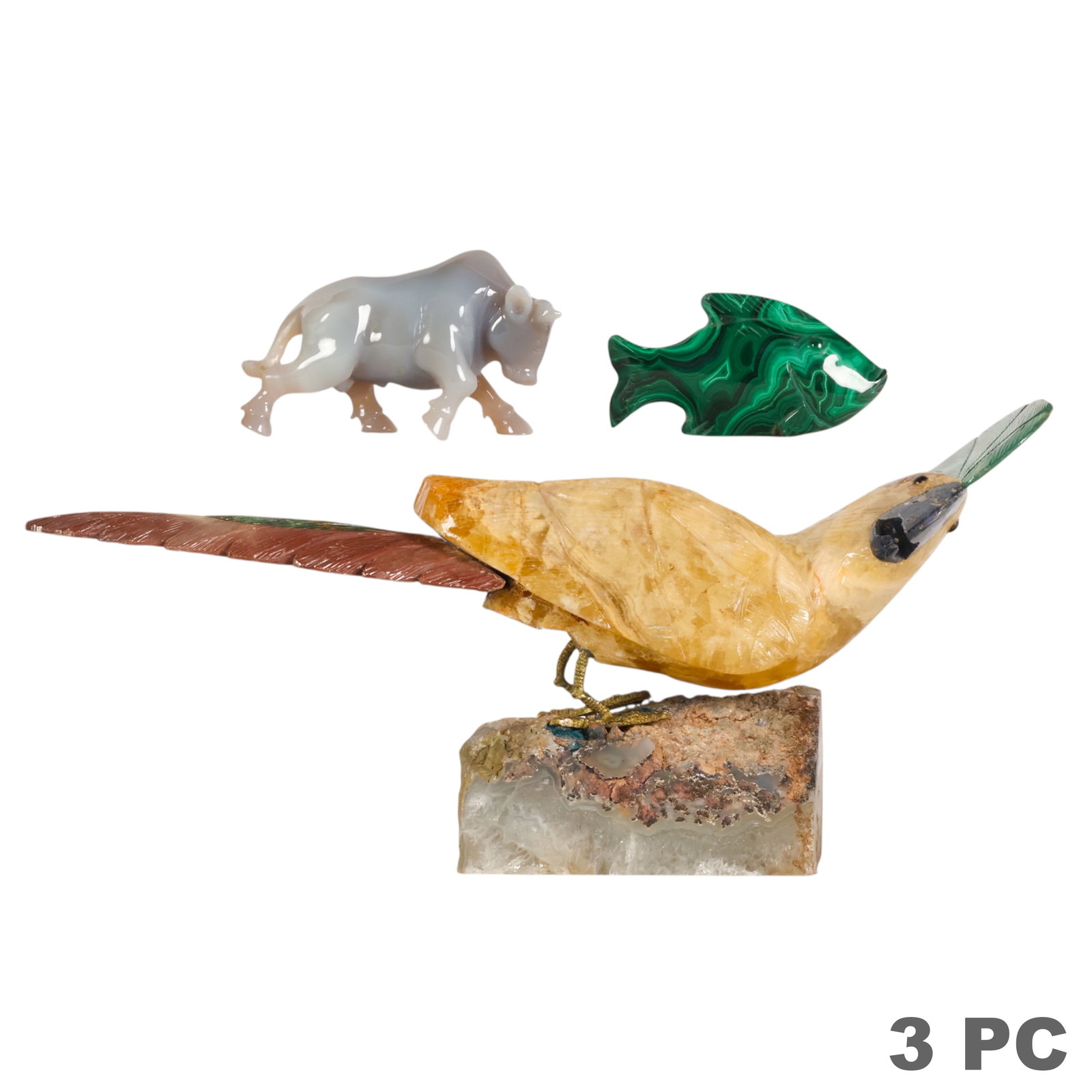 Hardstone Parrot Jade Bull Malachite Fish 3pc LOT: Lot of three carved hardstone animal figures comprising a semi-precious gemstone parrot sculpture mounted on a natural geode base, a carved gray jade bull figure, and a carved malachite fish figurine 