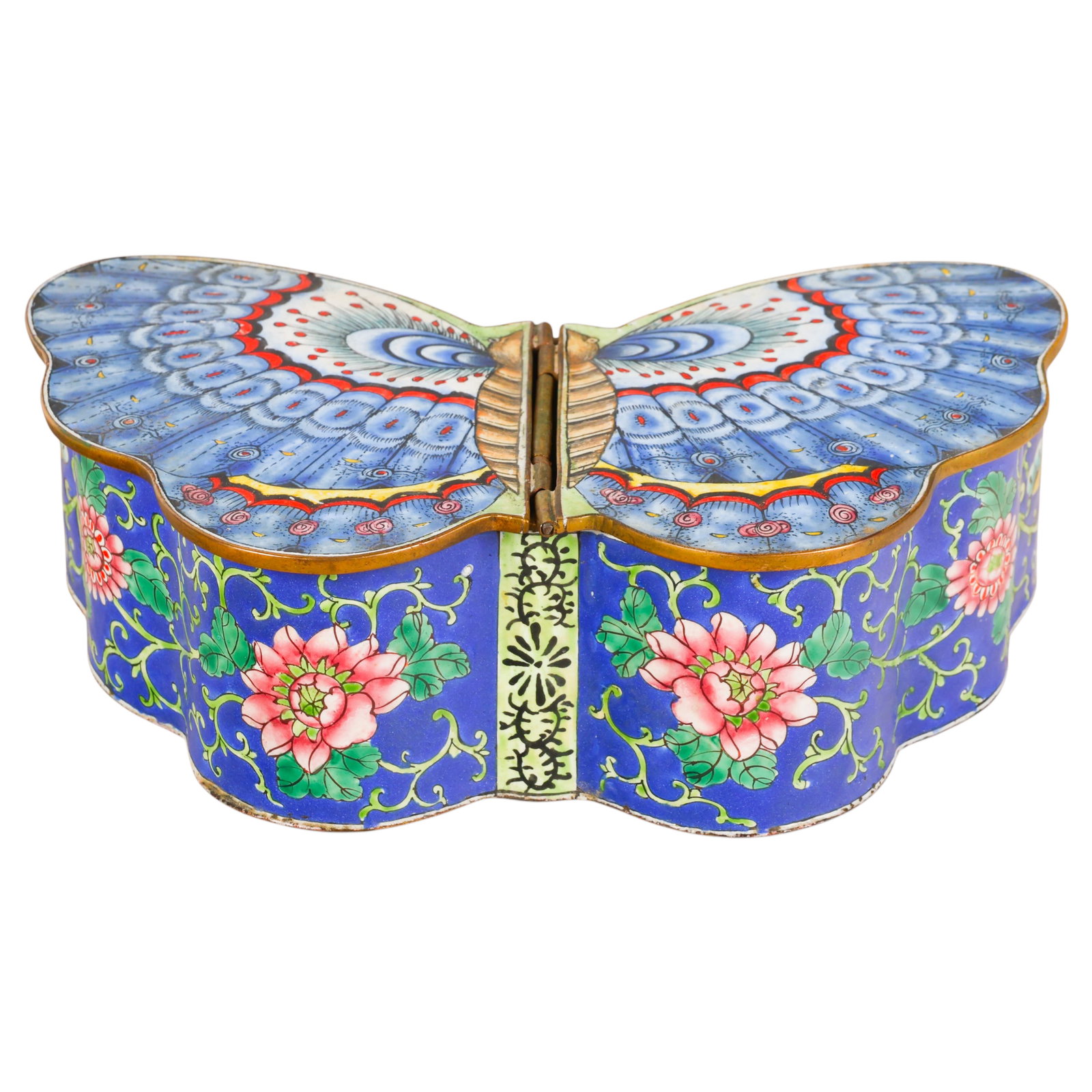 Chinese Enamel Cloisonne Hinged Wing Butterfly Box: Chinese vintage cloisonne enamel butterfly form covered box featuring double hinged blue butterfly wings decorated with vibrant polychrome enamels and floral and scrolling vine motifs. The two compart