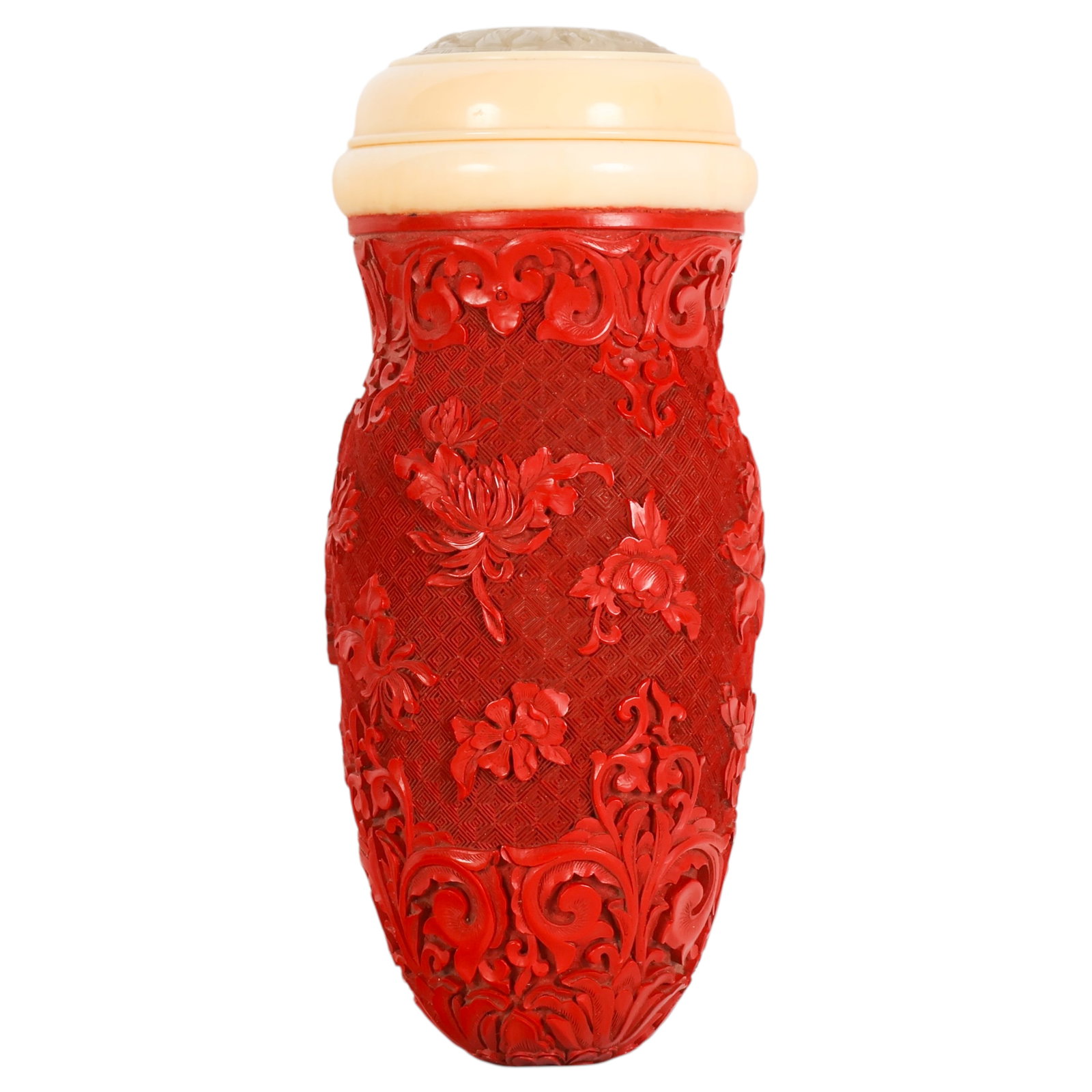 Chinese Antique Carved Cinnabar & Jade Cricket Box: Antique Chinese ornate cinnabar cricket keeping box with carved floral and scrolling foliate decoration over a geometric diaper ground, with a carved organic rim and top featuring a fitted translucent