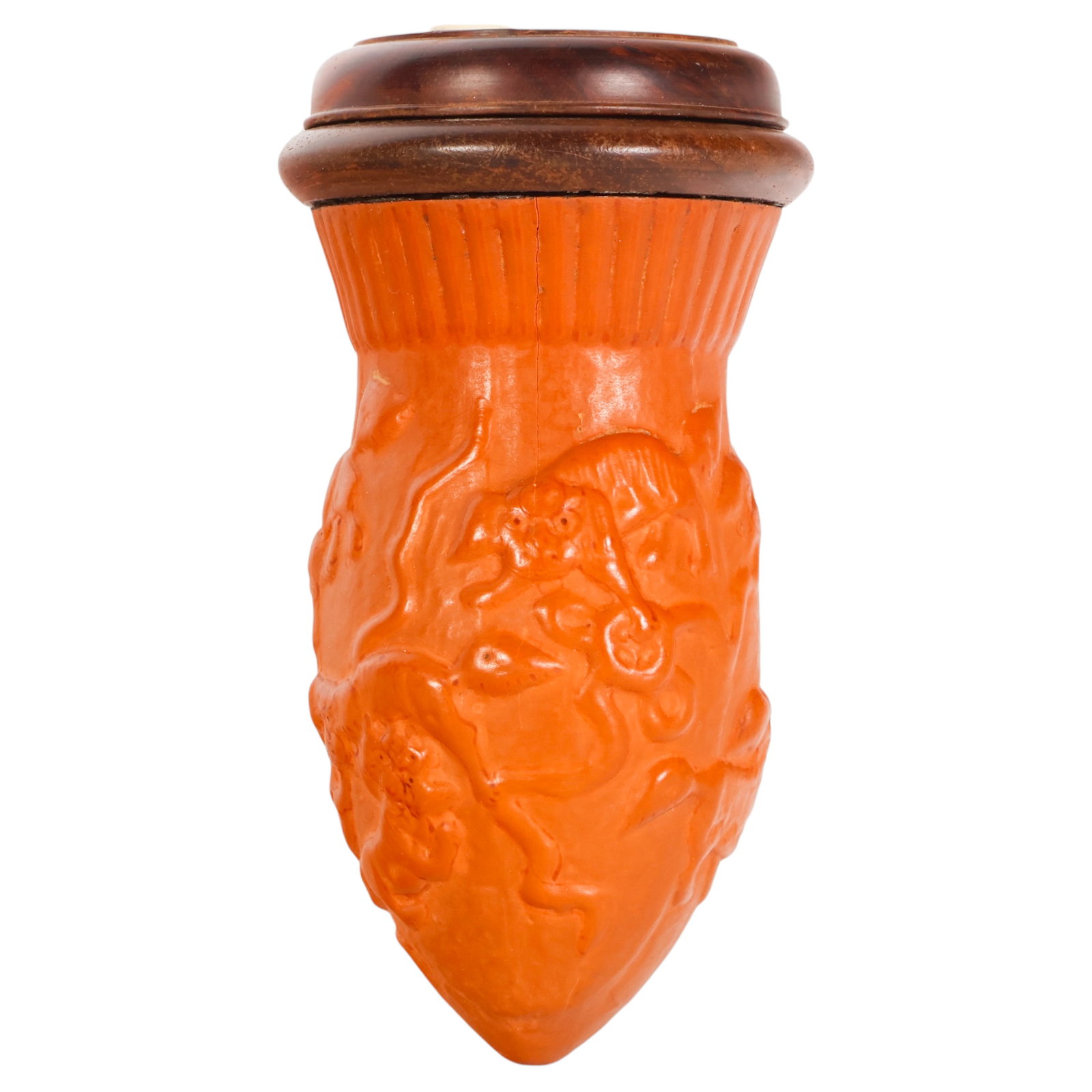 Chinese Antique Gourd Cricket Box with Silk Case: Antique Chinese traditional carved gourd cricket keeping box with relief foliate decoration. Fitted with a turned wood cover featuring multiple pierced ventilation holes and an inset carved organic ri