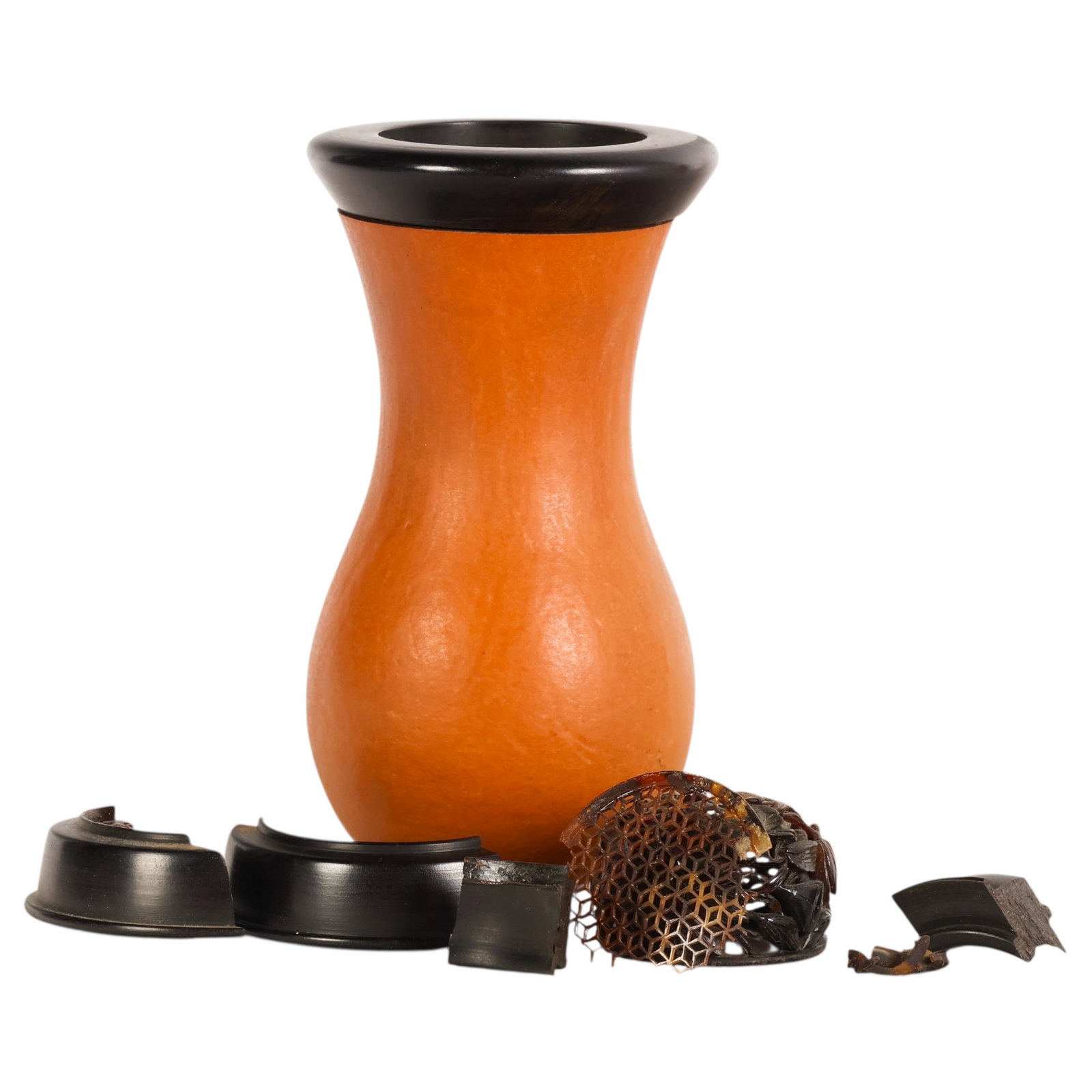 Chinese Antique Gourd Cricket Box with Silk Case: Antique Chinese natural gourd cricket keeping box of elongated form with a dark turned wood rim, housed in a fitted silk-covered presentation case. Accompanied by broken elements from the ventilation 