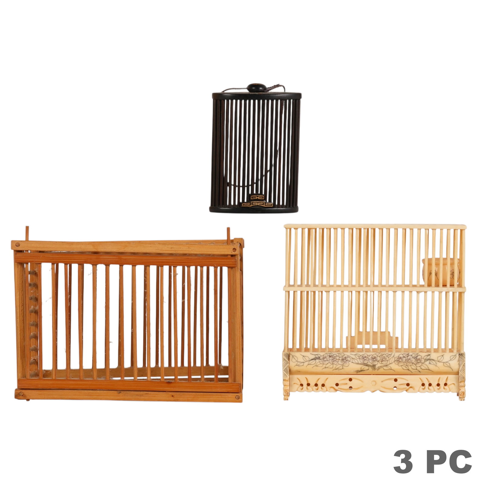 Chinese Bamboo Lacquer & Organic Cricket Cages LOT: Lot of three cricket cages comprising a rectangular bamboo cage, an oval black lacquered cage with gilt longevity motifs and carrying cord, and a finely carved rectangular cage fashioned from an organ