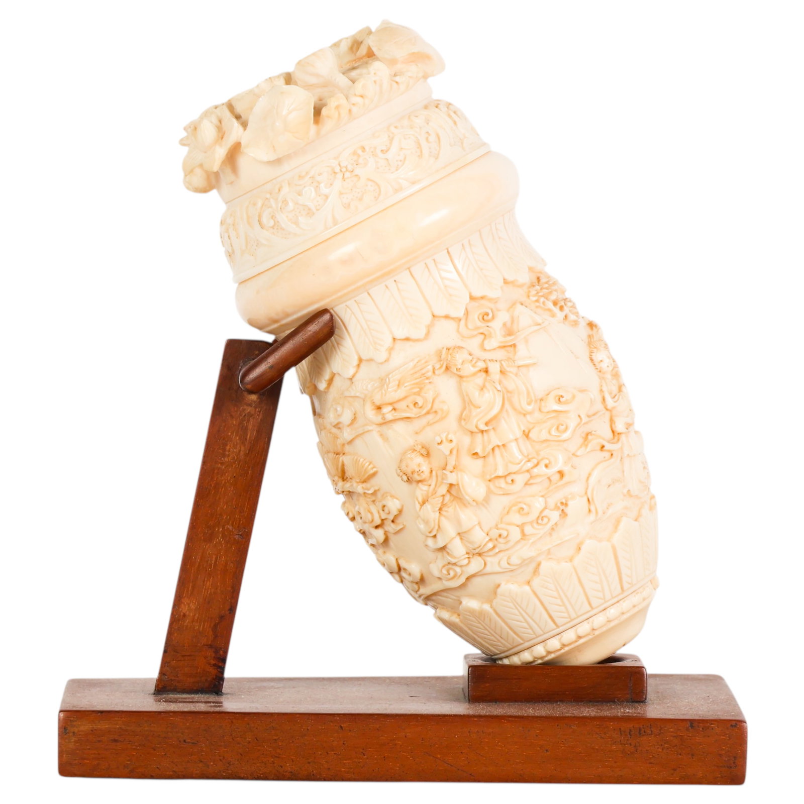 Chinese Antique Carved Organic Gourd Cricket Cage: Antique Chinese scholar's gourd cricket box featuring an elaborate high-relief landscape scene depicting figures, pine trees, clouds, and architectural elements. Surmounted by a pierced lid decorated 