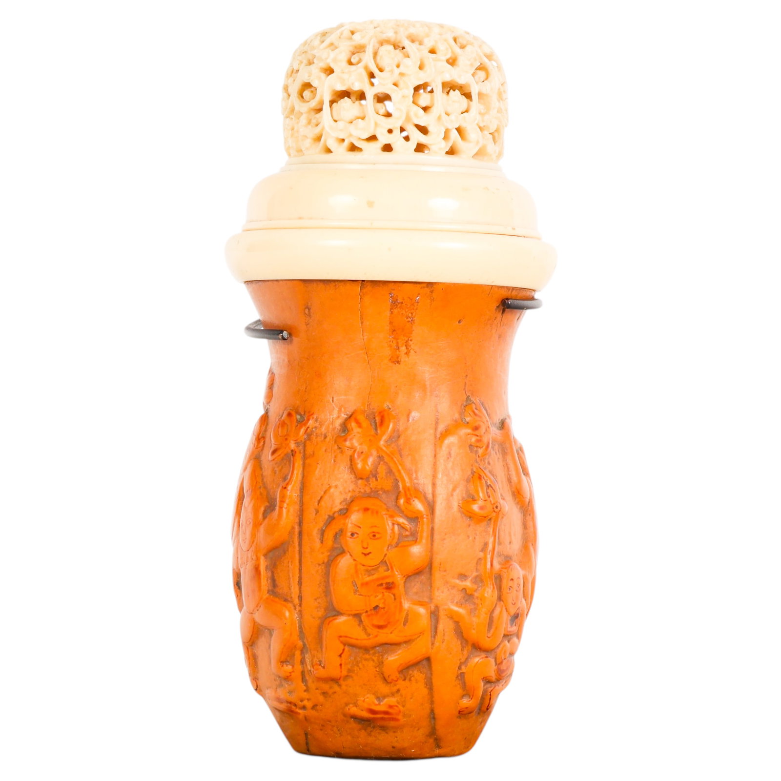 Chinese Antique Carved Repousse Gourd Cricket Cage: Antique Chinese scholar's cricket box featuring a carved natural gourd body decorated with a continuous relief frieze of dancing figures. Fitted with a carved organic-material pierced openwork lid orn
