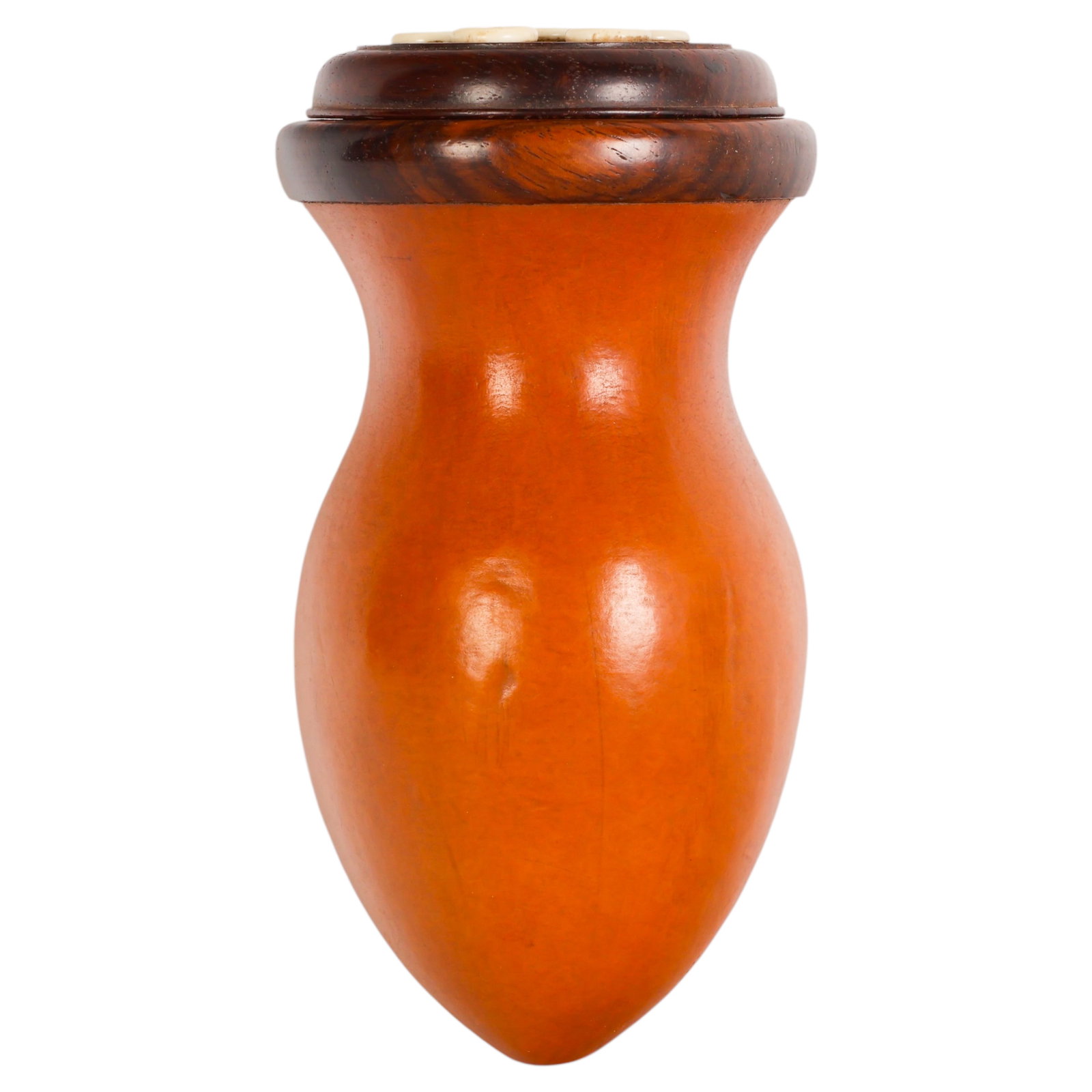 Chinese Antique Carved Organic Gourd Cricket Box: Antique Chinese traditional gourd cricket box featuring a polished natural gourd body fitted with a dark hardwood collar and a removable ventilated cover inset with seven organic circular mounts. The 