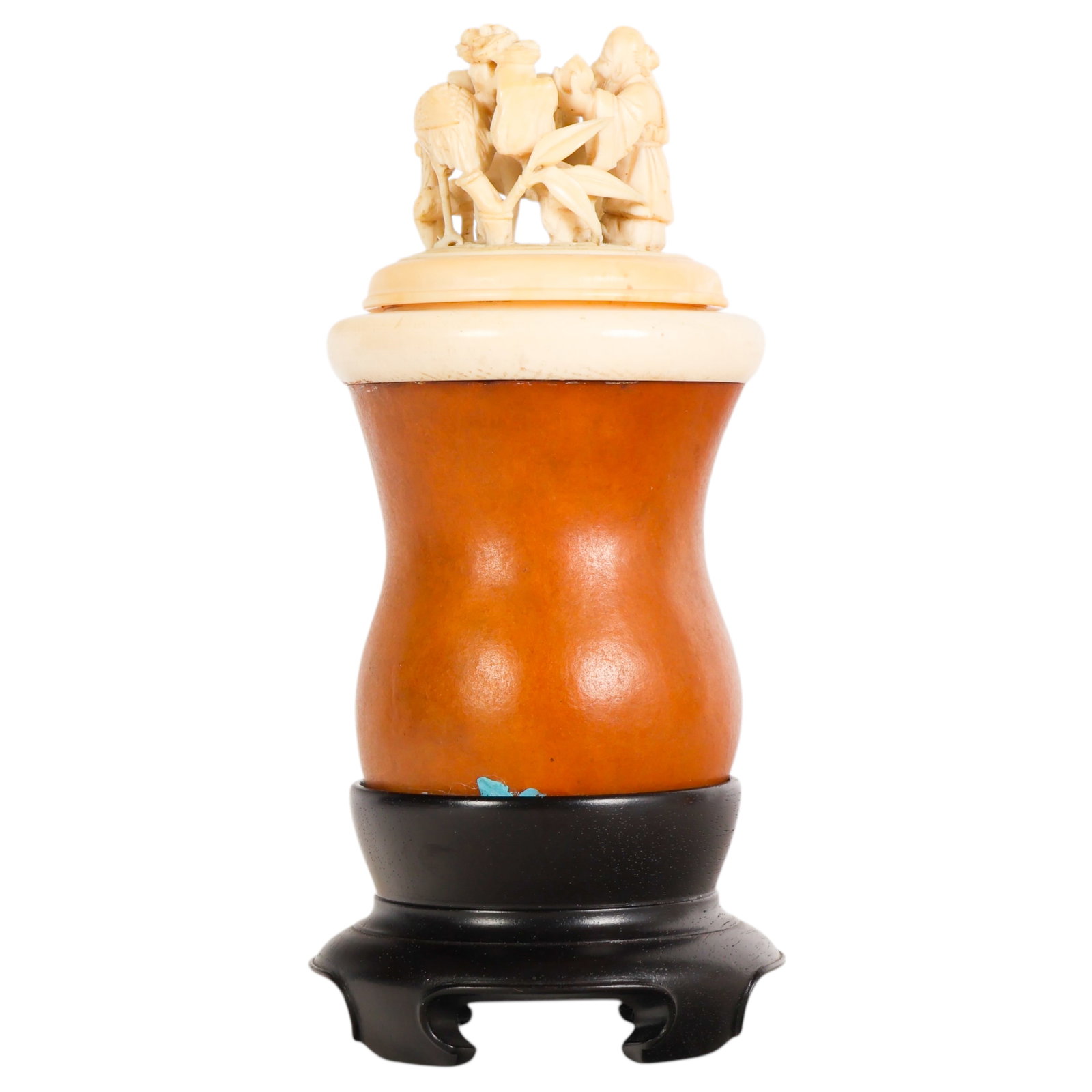 Chinese Carved Gourd Cricket Box with Figural Lid: Antique traditional Chinese gourd cricket box with an organic collar and a finely carved openwork lid depicting auspicious motifs, including a wise man, crane, deer, and flowering foliage branches abo