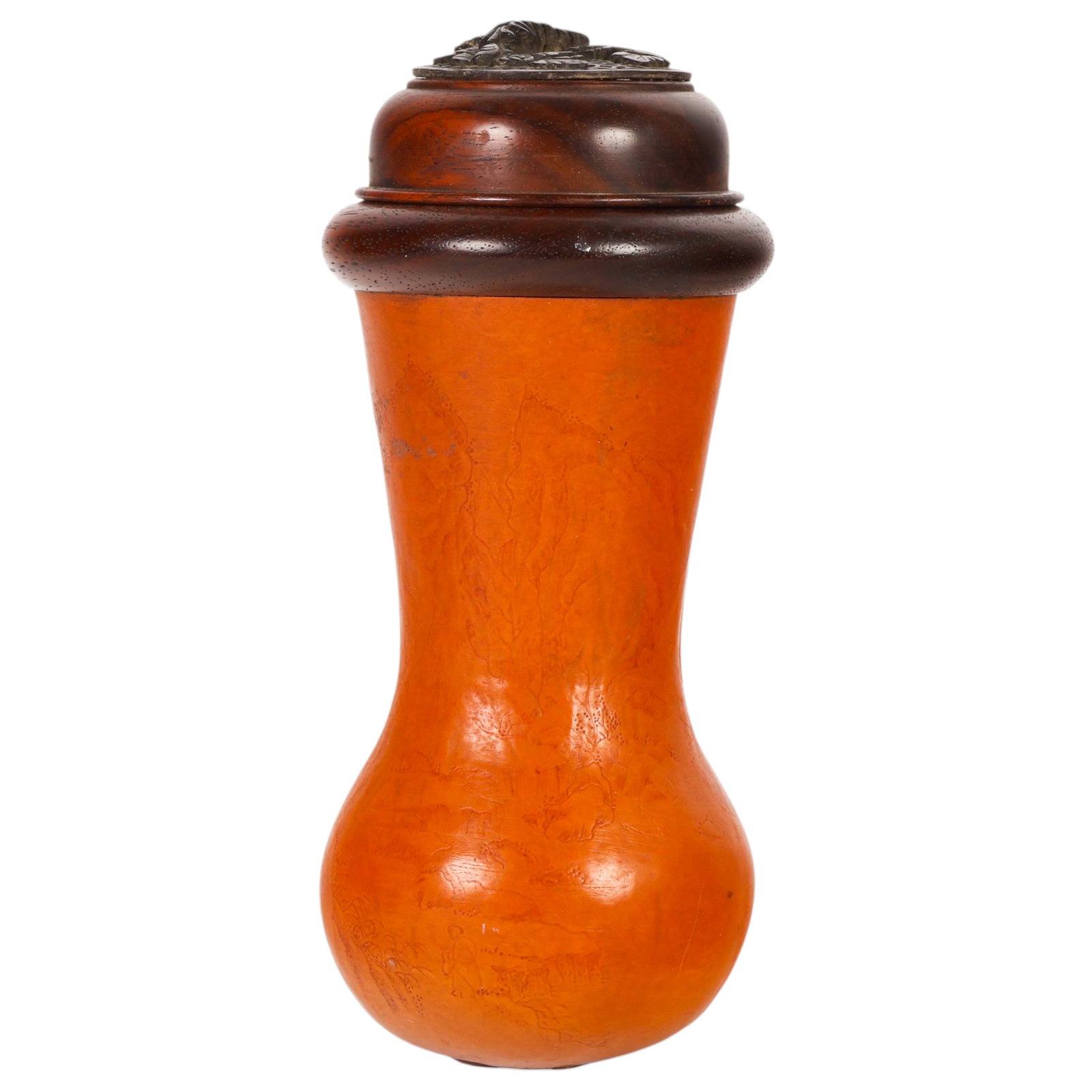 Chinese Antique Gourd Carved Pierced Cricket Box: Antique Chinese scholar's cricket box comprising a natural gourd body fitted with a dark hardwood collar and a finely carved openwork hardwood lid decorated with scrolling foliage, blossoms, and botan