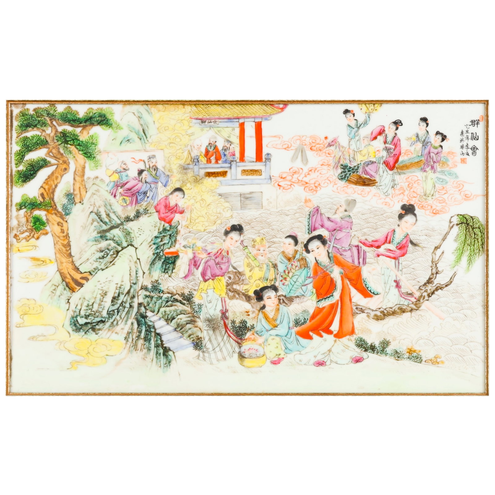 Chinese Export Rose Medallion Porcelain Plaque: Chinese hand-painted Rose Medallion porcelain plaque depicting a courtly gathering scene with figures in a landscape setting, accented with gilt details and a Chinese calligraphic inscription and seal