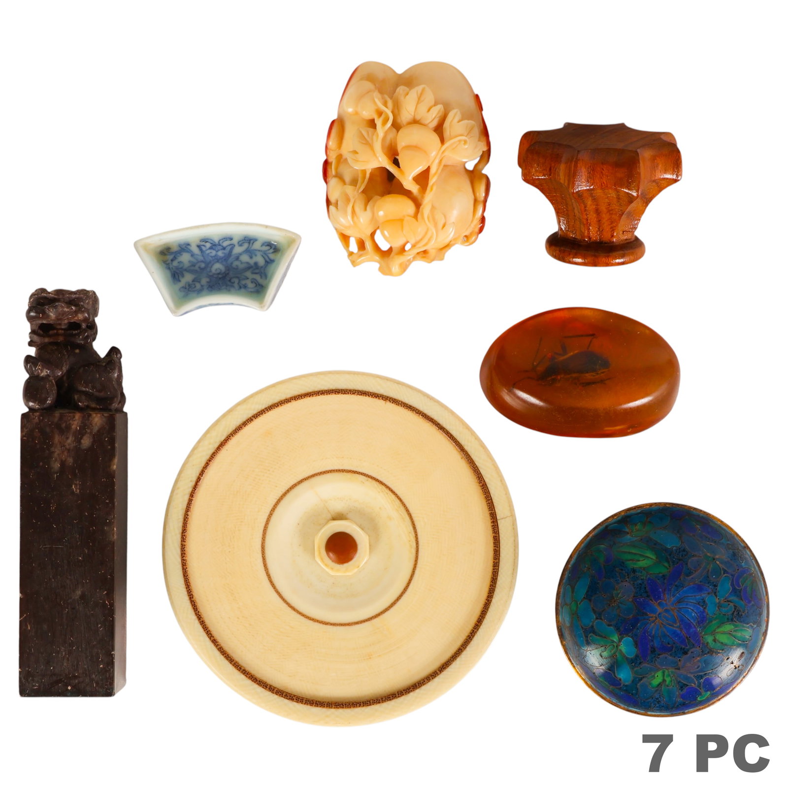 Chinese Carved Fruit Cloisonne Seal and MORE LOT: Asian and Chinese lot of seven assorted decorative objects including a blue floral cloisonne trinket box containing traditional Chinese red seal ink paste, a carved hardstone seal surmounted by a guar