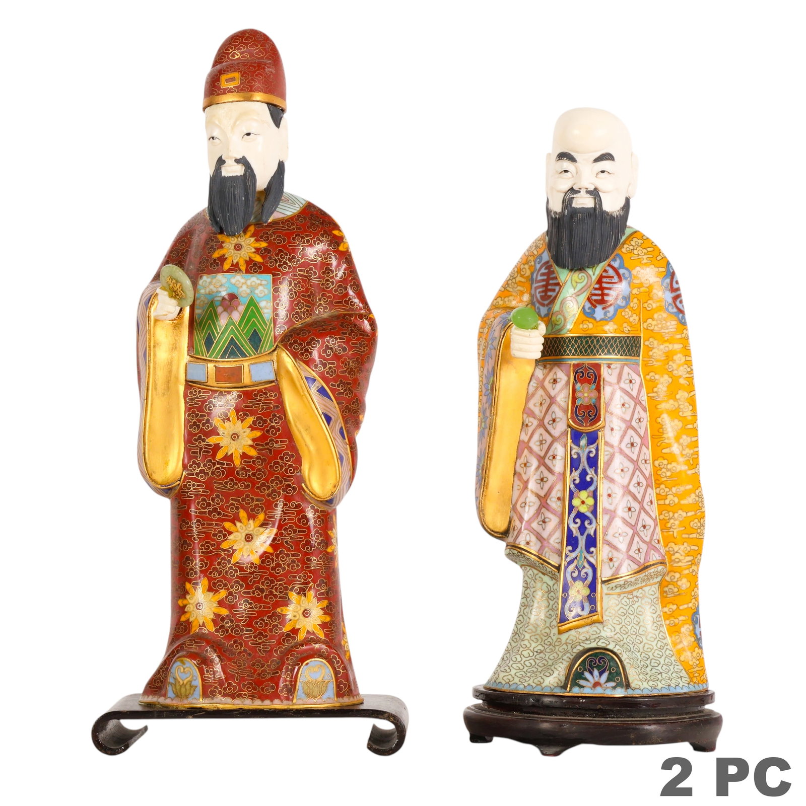 Chinese Export Cloisonne Wise Men Statues 2pc LOT: Pair of Chinese cloisonne figure sculptures depicting Sanxing-style scholars or dignitaries in decorated robes, each holding a symbolic object. One figure wears a red robe and official-style hat, whil