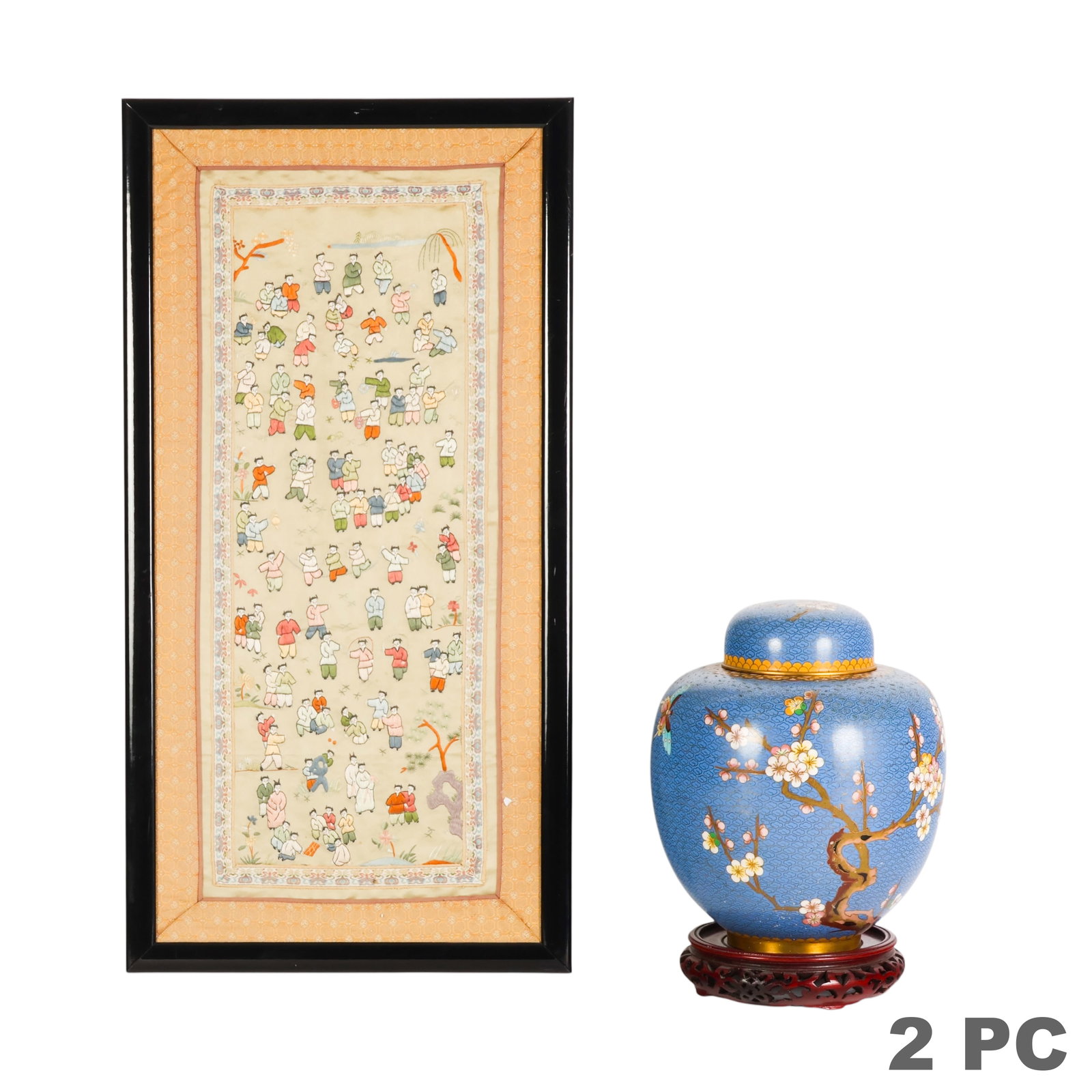 Chinese Cloisonne Ginger Jar and Textile 2pc LOT: Two-piece lot comprising a Chinese cloisonne enamel covered ginger jar decorated with blossoming branches against a blue ground, accompanied by a carved wood stand, and an Asian silk textile panel dep