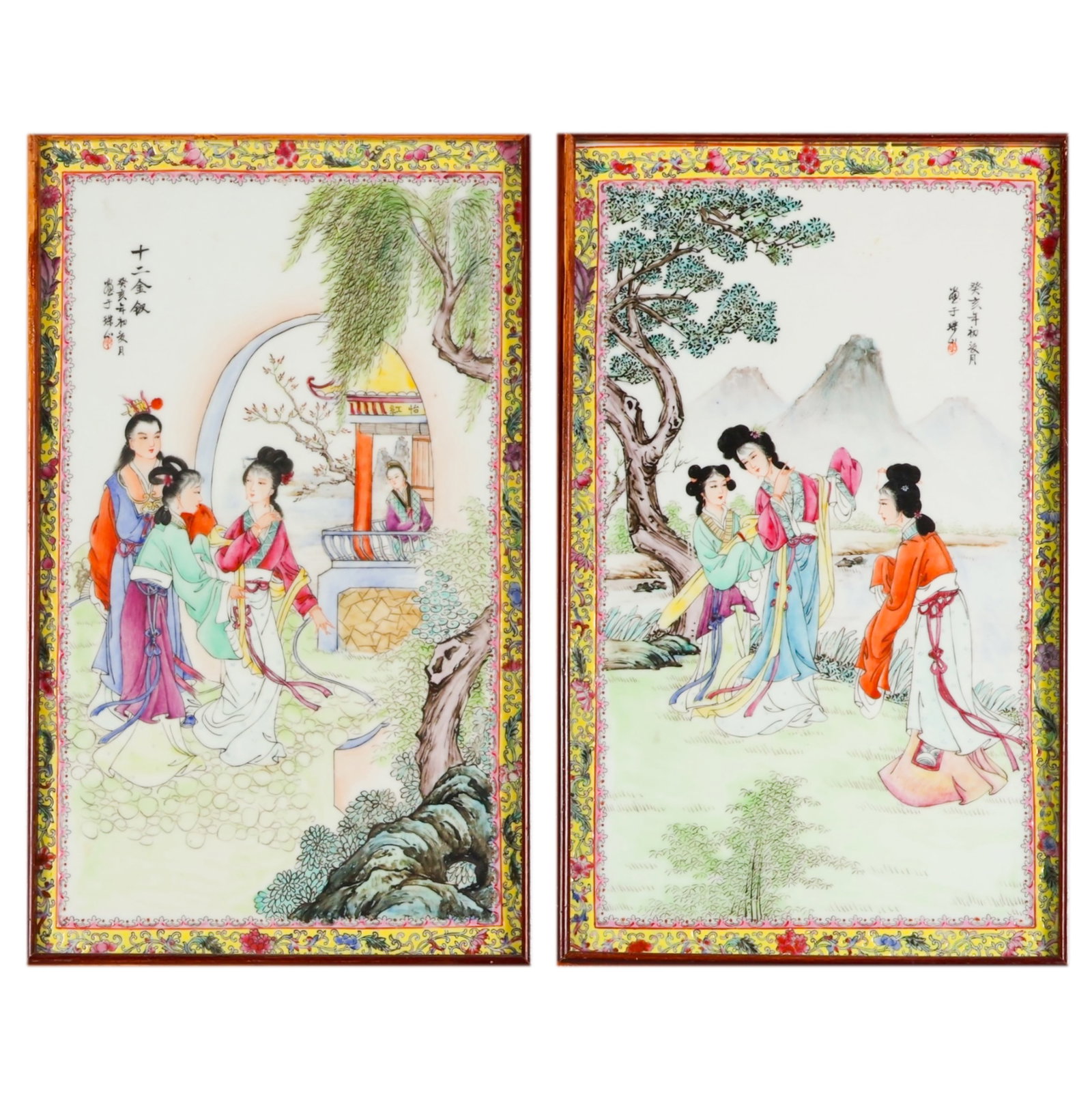 Chinese Pair of Famille Rose Porcelain Plaques: Pair of antique Chinese porcelain plaques depicting scenes of court ladies gathered within garden landscapes. Each plaque is decorated in the famille rose palette with floral border reserves and bears