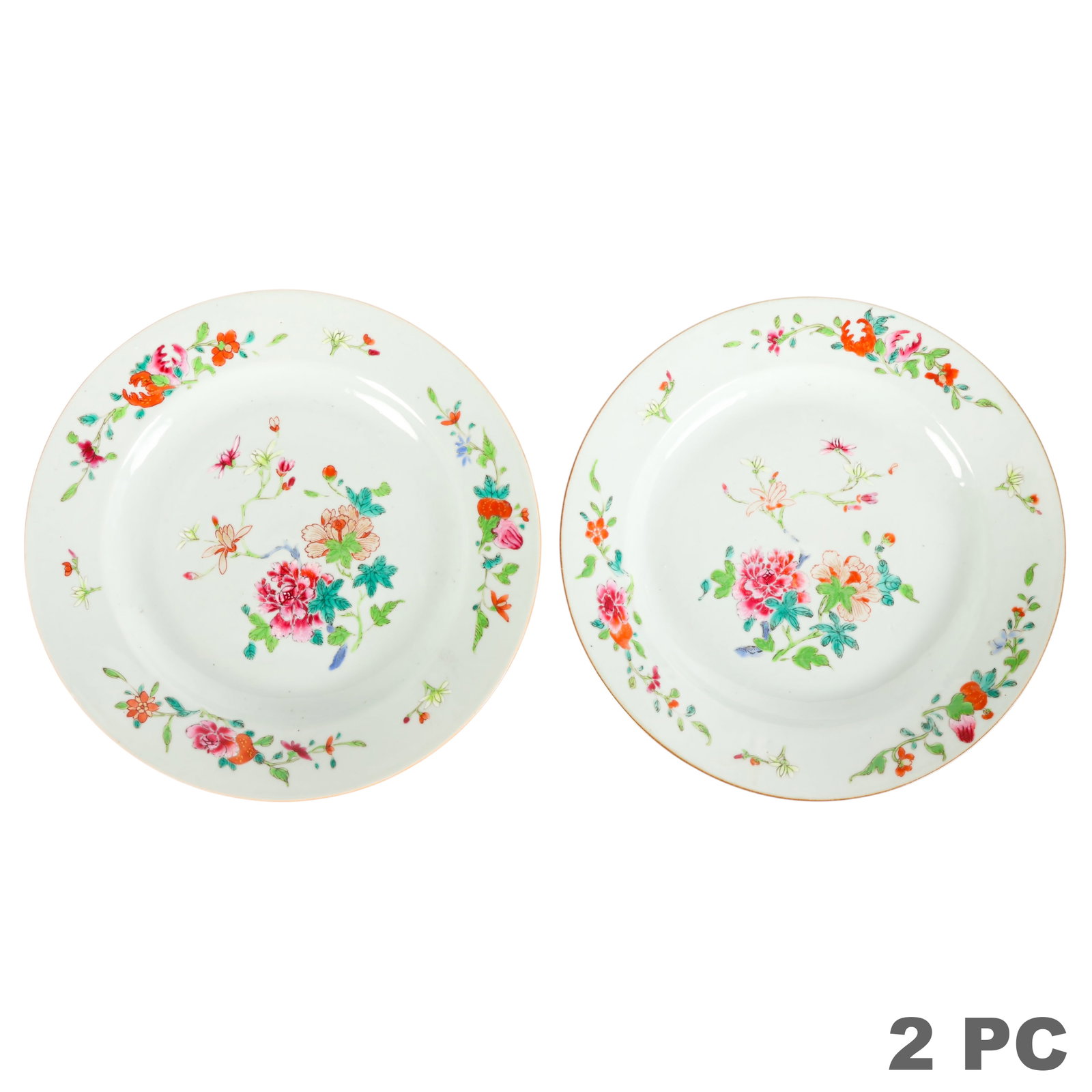 Chinese Export Pair Famille Rose Porcelain Plates: Chinese Export famille rose pair of porcelain plates, each decorated with polychrome floral sprays and scattered blossoms in the traditional famille rose palette. The plates feature central floral bou