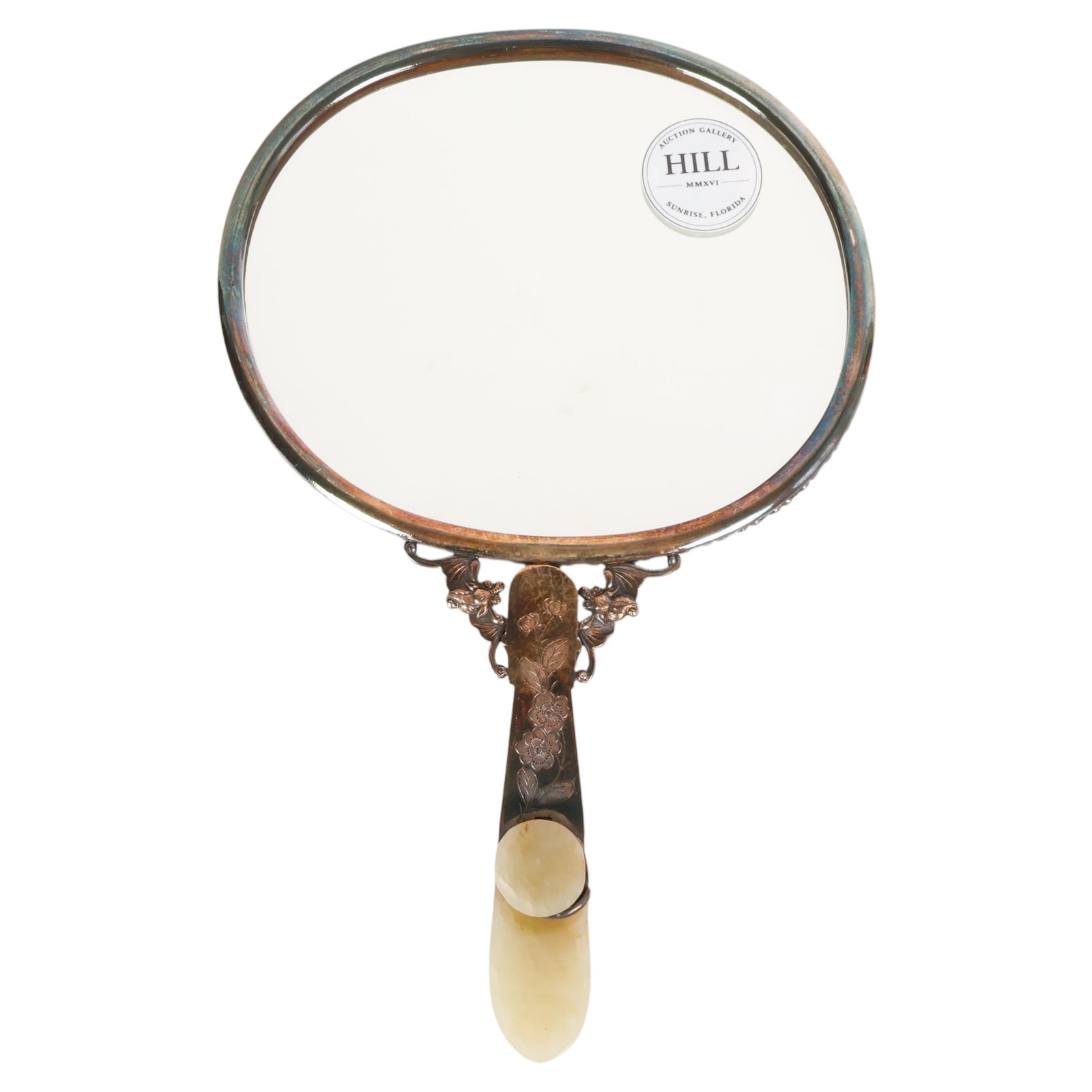 Chinese Hand Carved Jade Silver Mount Hand Mirror: Chinese hand mirror featuring a carved jade plaque with figural and decorative motifs set within an ornate silver frame accented by cabochon hardstone inlays, including green aventurine, amethyst, ros