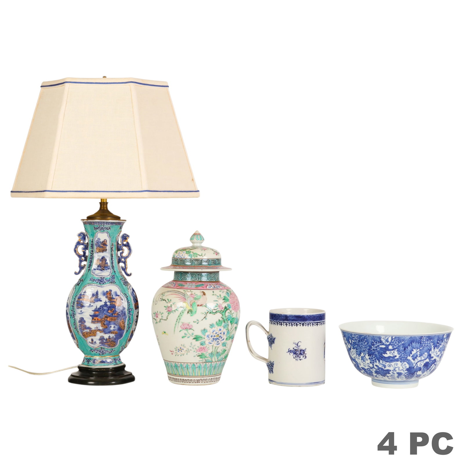 Chinese Export Porcelain Lamp Vase Bowl & Mug LOT: Four-piece Chinese export porcelain lot comprising a blue and white porcelain bowl with a six-character underglaze blue mark, a famille rose style covered ginger jar decorated with birds and flowering