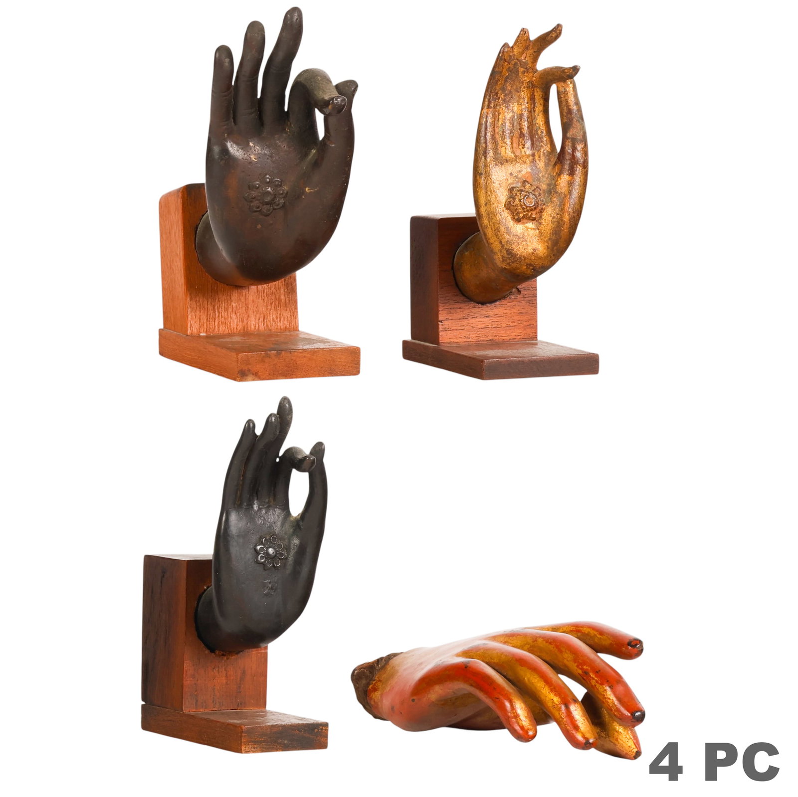 Chinese Wood and Bronze Buddha Hand Fragments LOT: Chinese, Southeast Asian, and Thai style lot of four Bodhisattva hand fragments including three bronze Buddhist sculpture fragments depicting meditation and devotional mudra gestures with lotus flower