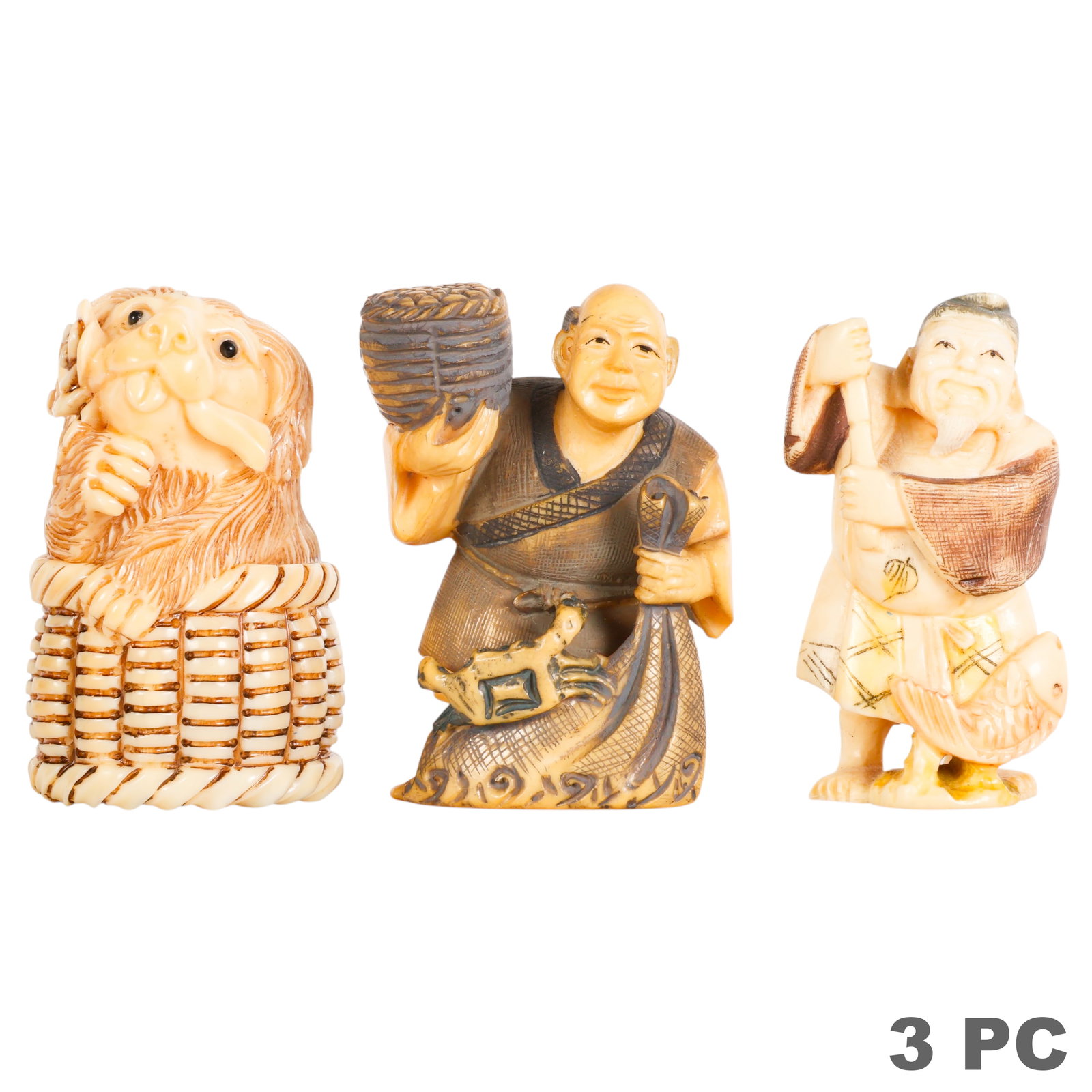 Japanese Carved Netsuke Animals & Figures 3pc LOT (1 of 6)
