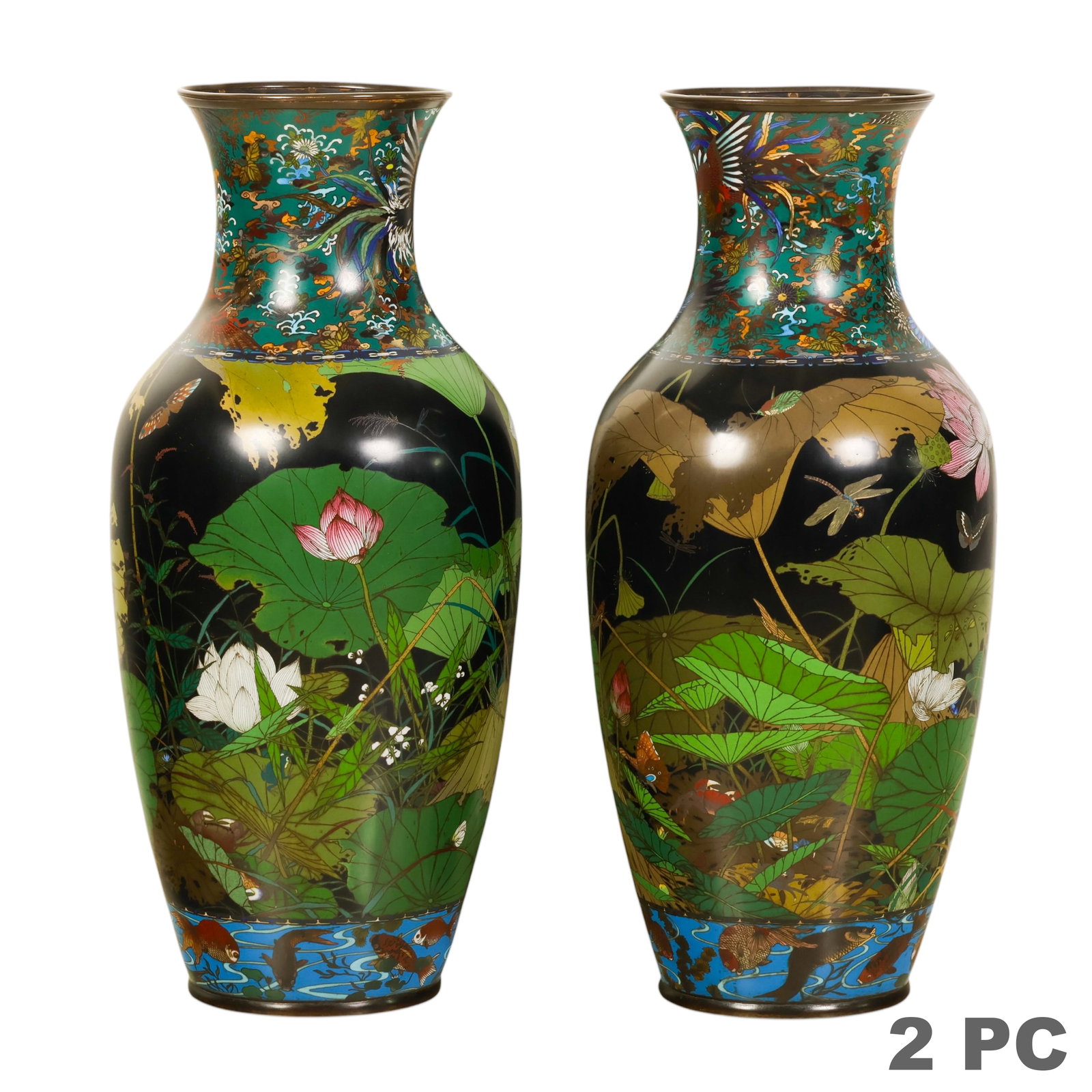 Japanese Pair of Traditional Cloisonne Floor Vases: Japanese cloisonne enamel pair of floor vases. Each of baluster form, decorated with cloisonne enamel scenes depicting a marsh landscape with lily pads, lotus blossoms, fish, dragonflies, butterflies,