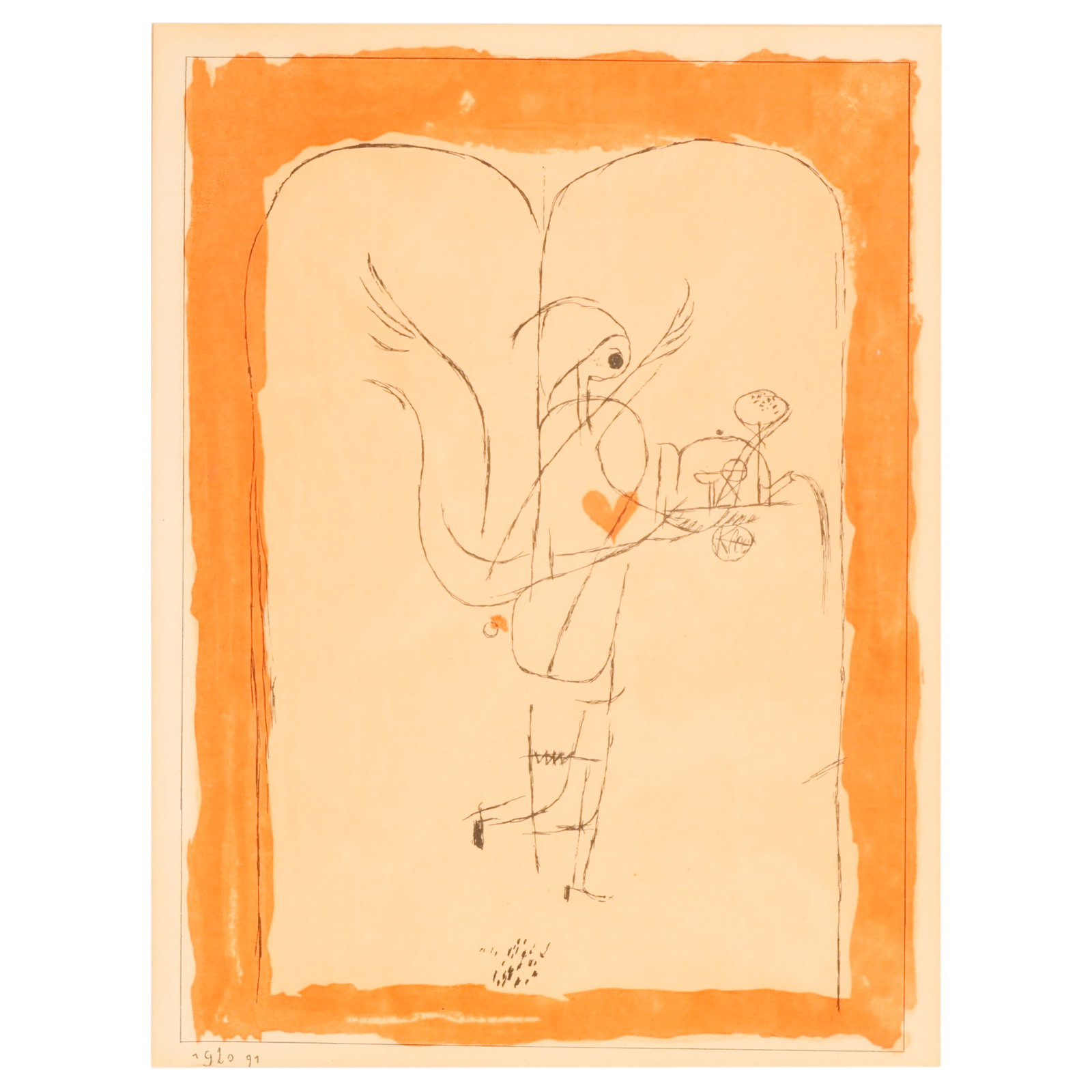 20C Hearts Fulfillment LE Pochoir after Paul Klee: After Paul Klee (Swiss/German, 1879-1940), Hearts Fulfillment, colored pochoir on paper depicting a whimsical winged angelic figure holding a red heart, rendered in delicate black linework against a y