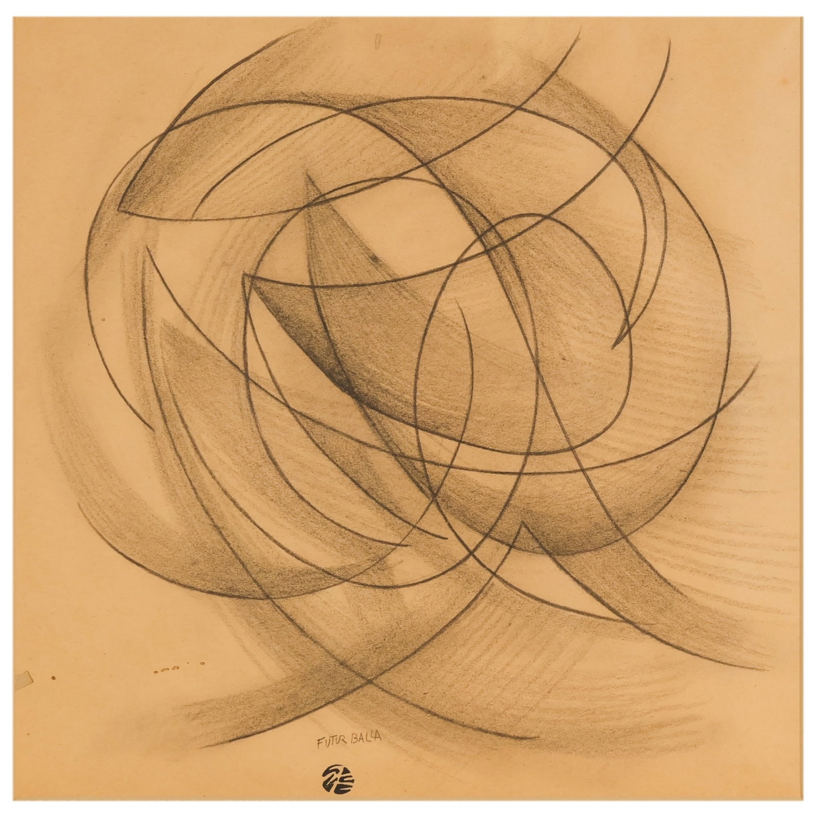 Abstract Graphite Illustration After Giacomo Balla: Futurist style abstract graphite drawing on paper after Giacomo Balla (Italian, 1871-1958), depicting intersecting curvilinear and geometric forms suggestive of motion. Signed "Futur Balla" lower righ
