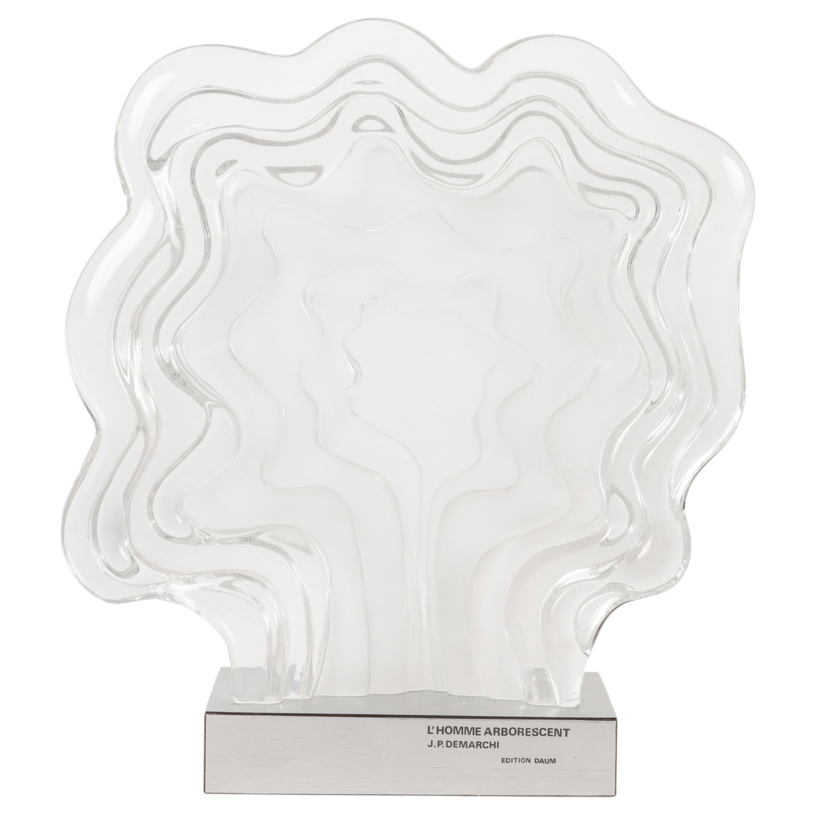 Demarchi 1928-1979 for Daum "Tree Man" Sculpture: Jean-Pierre Demarchi (French, 1928-1979) for Daum, L'Homme Arborescent (Tree Man), sculptural crystal work comprising a modernist freeform clear crystal abstract relief. Accompanied by a brushed metal