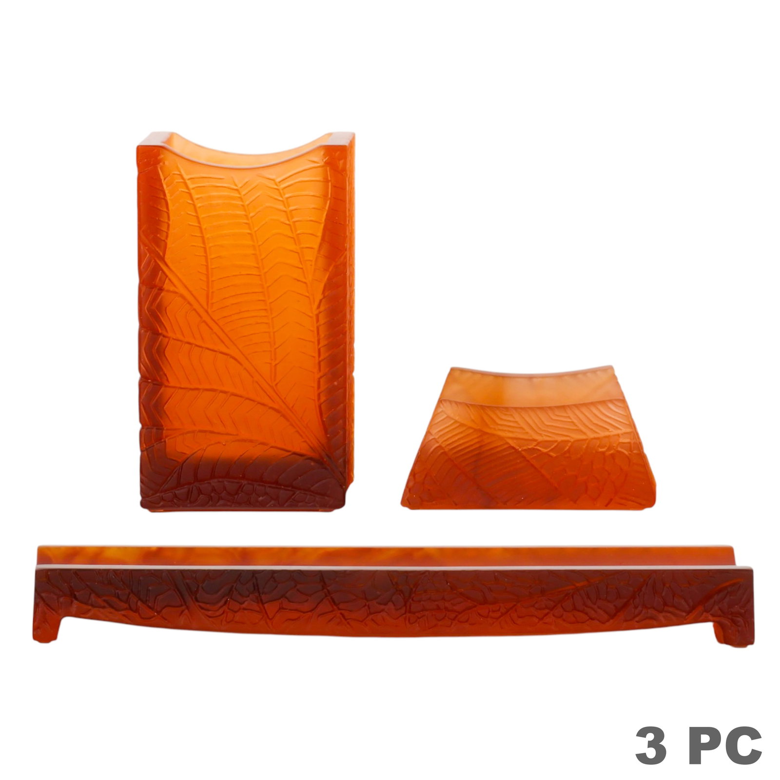 Daum France "Havane" Pate de Verre Desk Set 3pc: Daum France pâte de verre desk set in the Havane pattern, comprising three pieces including a pen tray, letter holder, and square pen holder or small vase. Executed in warm amber and brown tones with