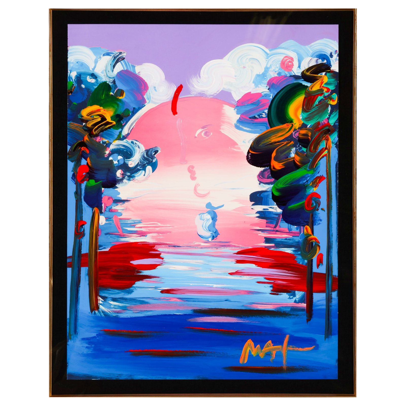 Peter Max b.1937 "Better World III" Mixed Media: Peter Max (German/American, born 1937), Better World III, mixed media on paper depicting an abstract landscape with a stylized face emerging from the sky above the horizon in vibrant blue, pink, red, 