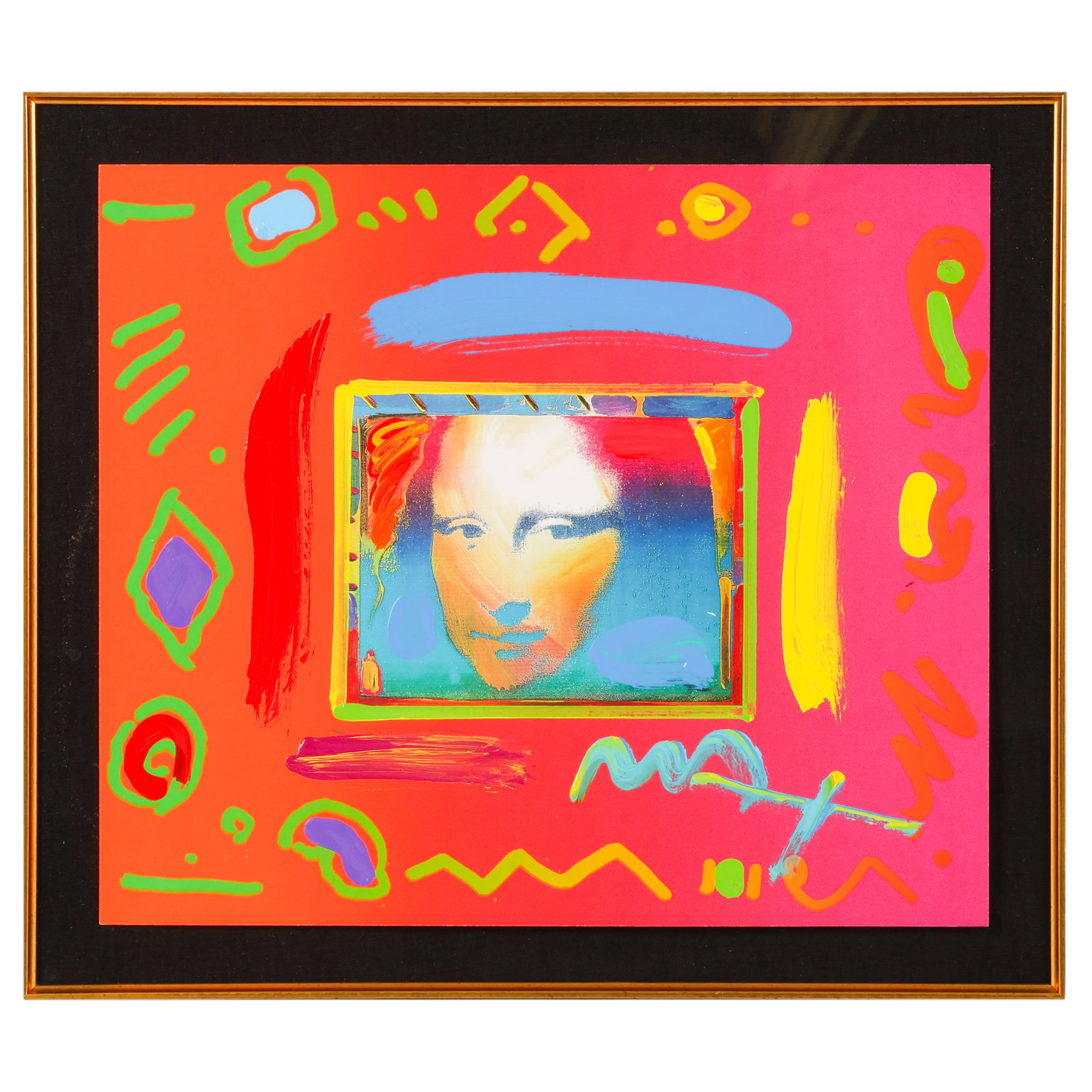 Peter Max b.1937 "Mona Lisa" Abstract Mixed Media: Peter Max (German/American, born 1937), Mona Lisa, mixed media collage on paper featuring Leonardo da Vinci's Mona Lisa within a vividly colored Pop Art composition with expressive brushstrokes and ge