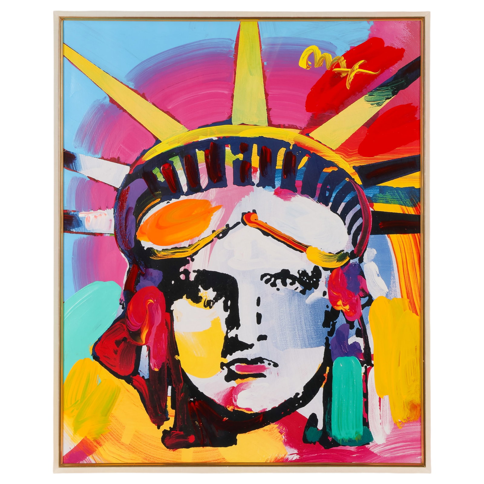 Peter Max b.1937 Abstract "Liberty" Mixed Media: Peter Max (German/American, born 1937), Delta, mixed media on paper depicting the Statue of Liberty in the artist's vibrant Pop Art palette. Signed upper right. Verso retains a JR Trading Company labe