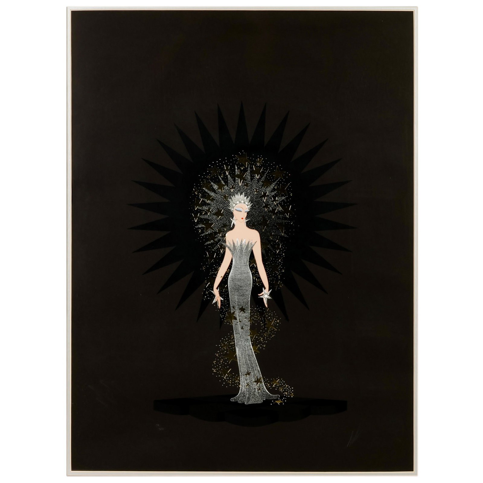 Erte 1892-1990 Starstruck Deco Serigraph SIGNED: Erte (Romain de Tirtoff) (Russian/French, 1892-1990), Starstruck, limited edition metallic foil embossed serigraph depicting an Art Deco fashion figure in an evening gown with an elaborate jeweled hea