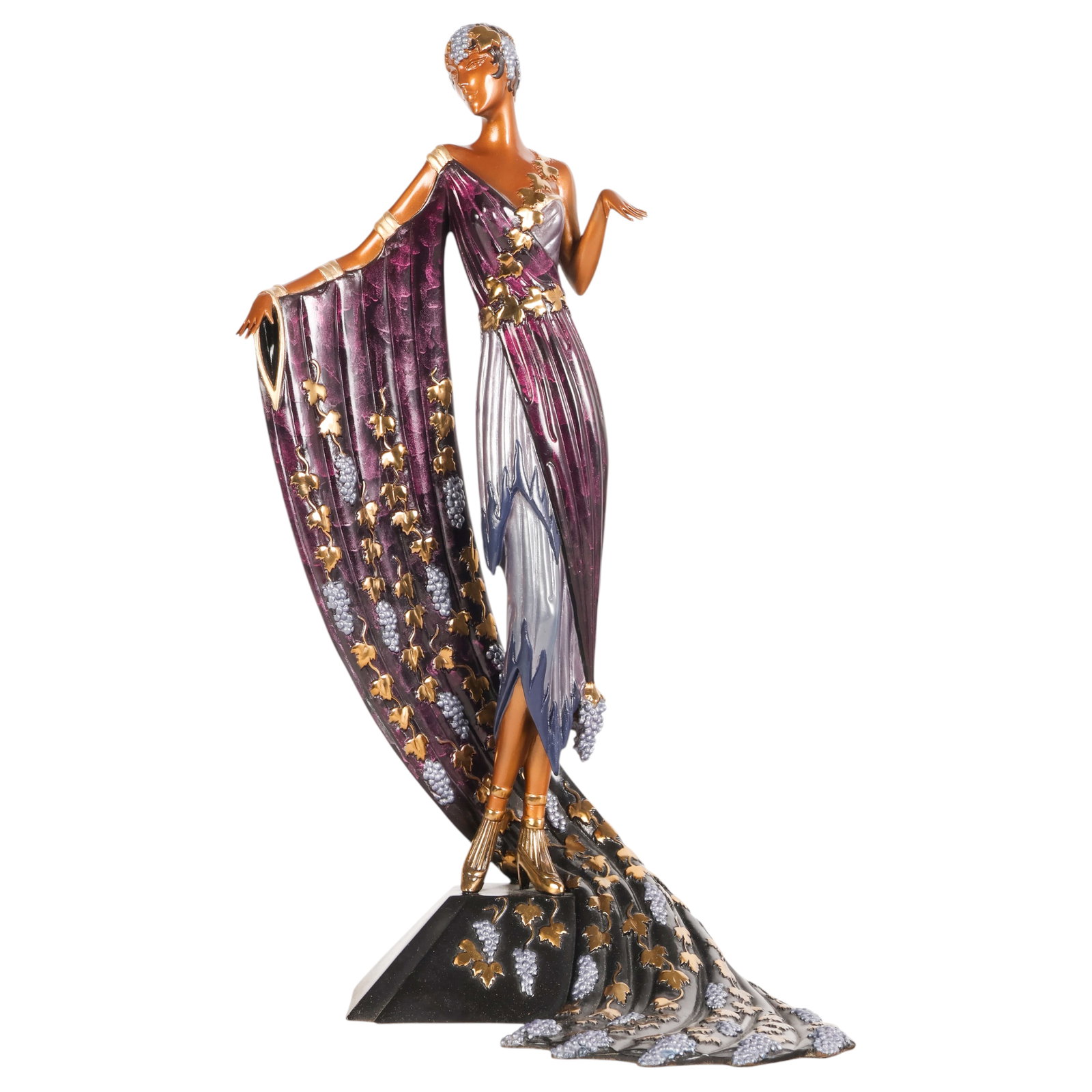 Erte 1892-1990 L'Amour De Vin Bronze Sculpture L/E: Erte (Romain de Tirtoff, Russian/French, 1892-1990), L'Amour de Vin, patinated bronze sculpture with cold-painted and gilt decoration depicting a female figure with grapevine and drapery. Signed in ca