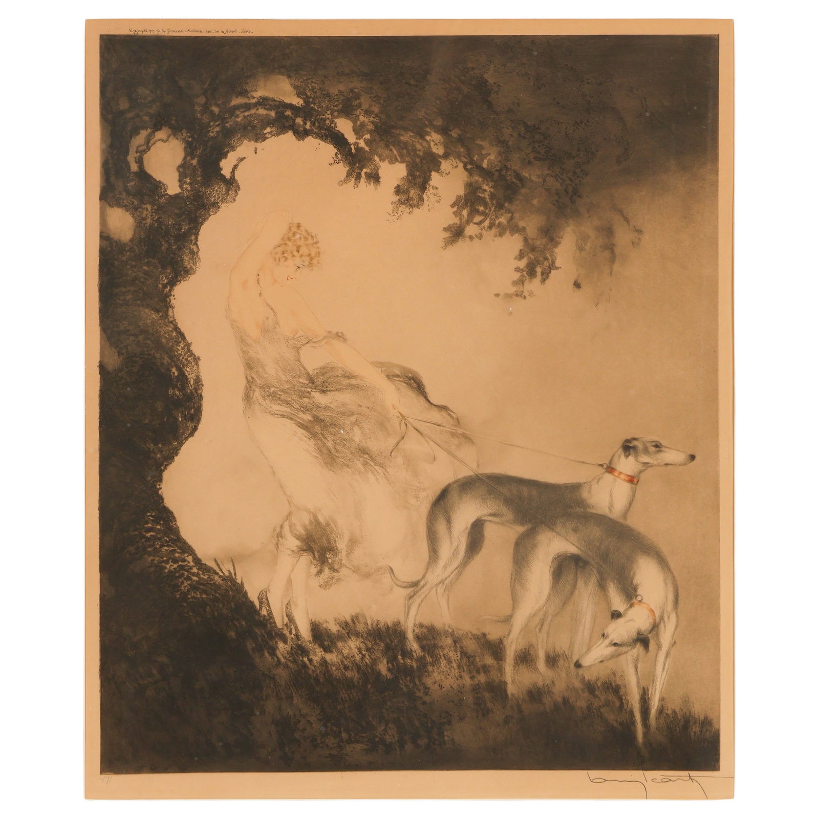 Icart 1888-1950 Gust of Wind Color Etching SIGNED: Louis Icart (French, 1888-1950), Gust of Wind (Coup de Vent), hand-colored etching on paper depicting an elegant female figure with two greyhounds beneath a windswept tree. Pencil signed "Louis Icart"