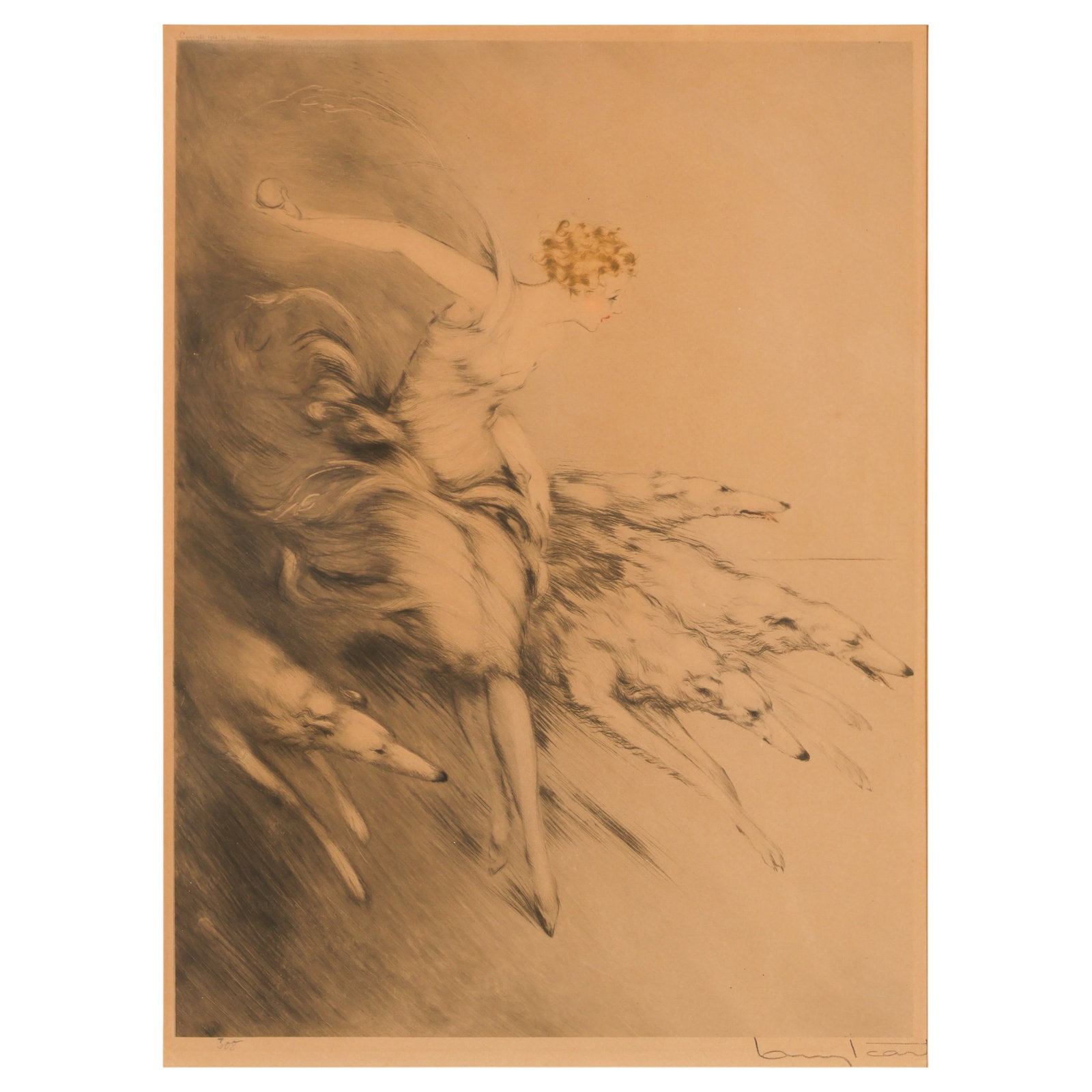 Louis Icart 1888-1950 Zest (L'Elan) Etching SIGNED: Louis Icart (French, 1888-1950), Zest (L'Elan), hand-colored drypoint etching on paper depicting a semi-nude female figure swept forward in motion with flowing drapery and a group of racing borzoi hou