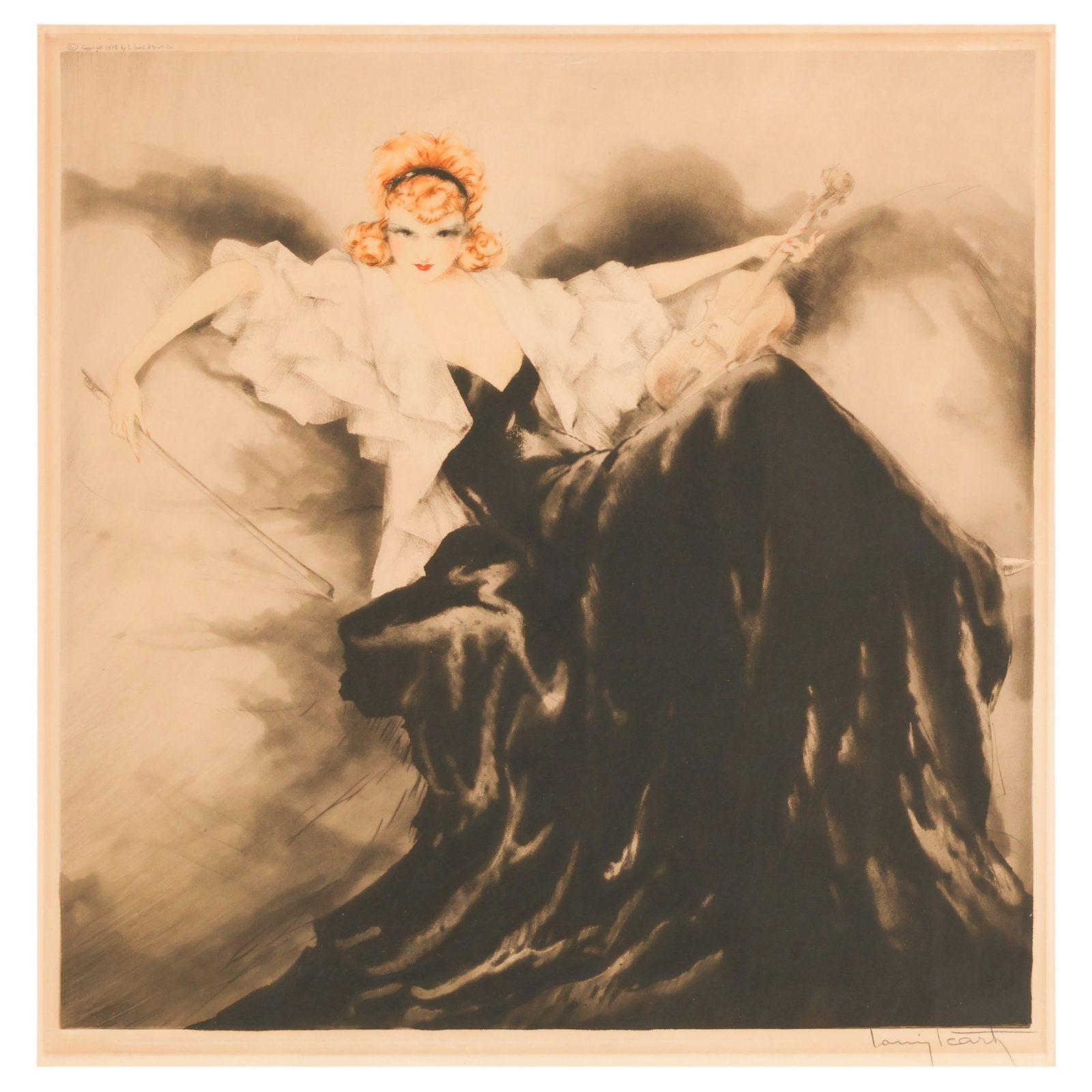 Icart 1888-1950 "The Waltz Echoes" Etching SIGNED: Louis Icart (French, 1888-1950), Waltz Echoes, (Echos de Valse), hand-colored etching on paper depicting an elegant female figure in a dramatic black evening gown reclining with a violin against a sof