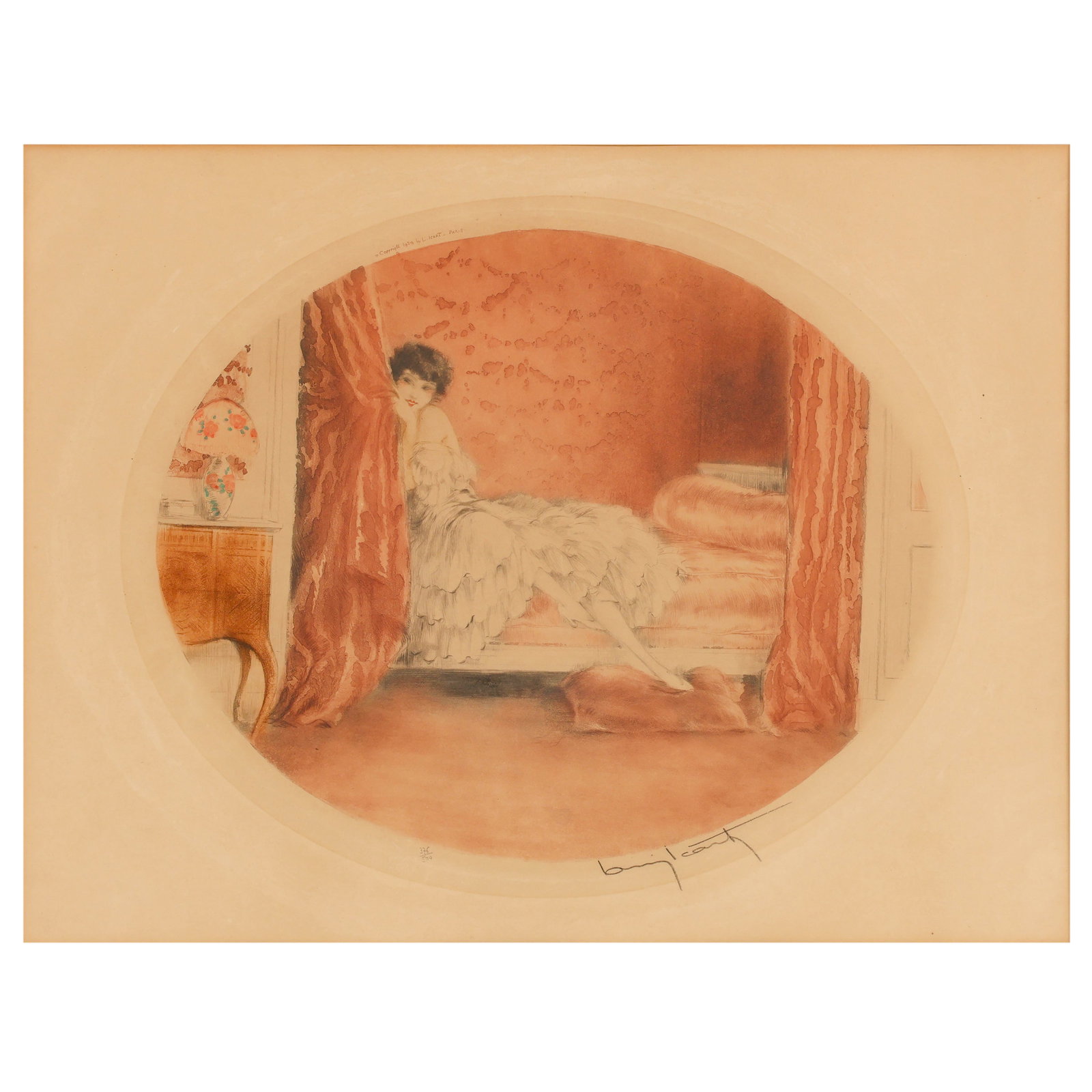 Louis Icart 1888-1950 Pink Alcove Etching SIGNED: Louis Icart (French, 1888-1950), Pink Alcove, hand-colored etching on paper depicting an elegantly dressed young woman reclining upon a cushioned alcove bed within an intimate interior setting. Pencil