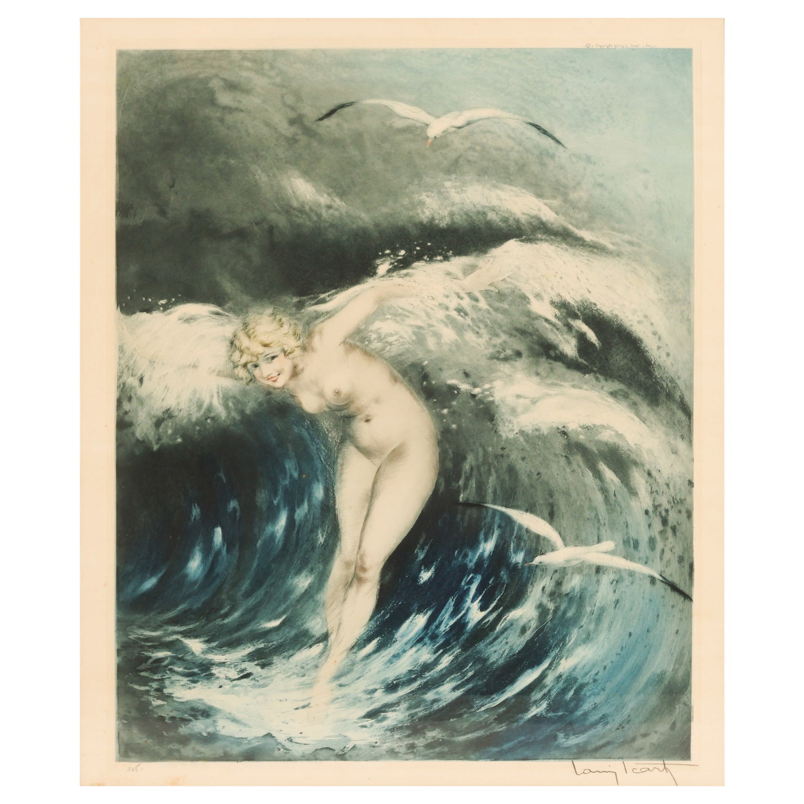 Icart 1888-1950 Venus in the Waves Etching SIGNED: Louis Icart (French, 1888-1950), Venus in the Waves (La Vague), hand-colored etching on paper depicting a nude female figure emerging from cresting ocean waves with seabirds in flight. Pencil signed "