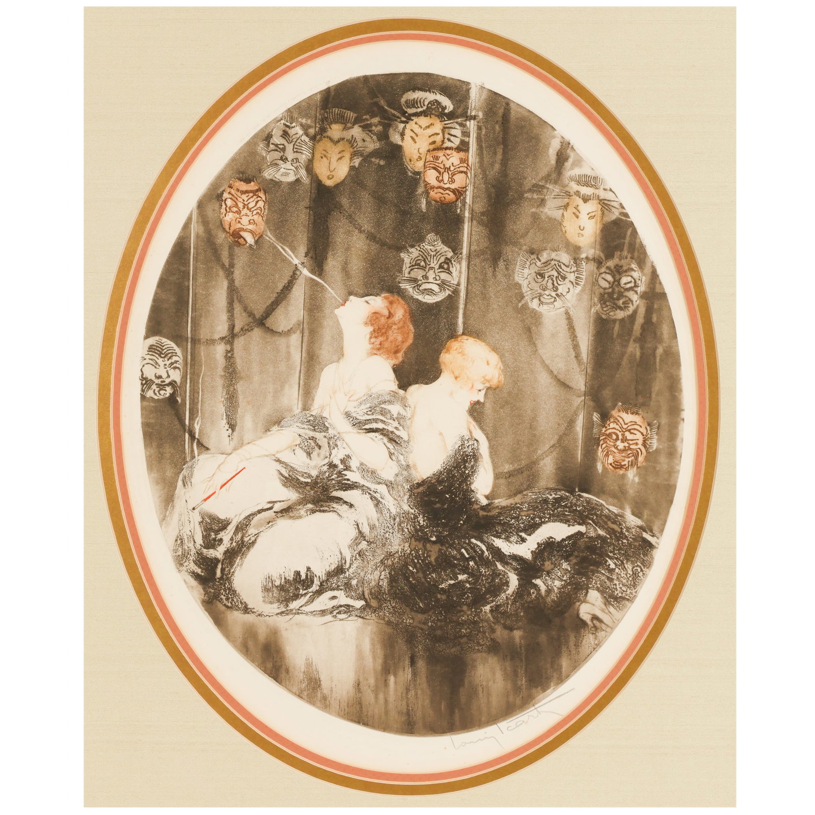Louis Icart 1888-1950 "The Mask" Etching SIGNED: Louis Icart (French, 1888-1950), The Masks (Élégantes au Porte Cigarette), 1926, hand-colored etching on paper depicting two elegantly draped women seated before a theatrical backdrop adorned with h
